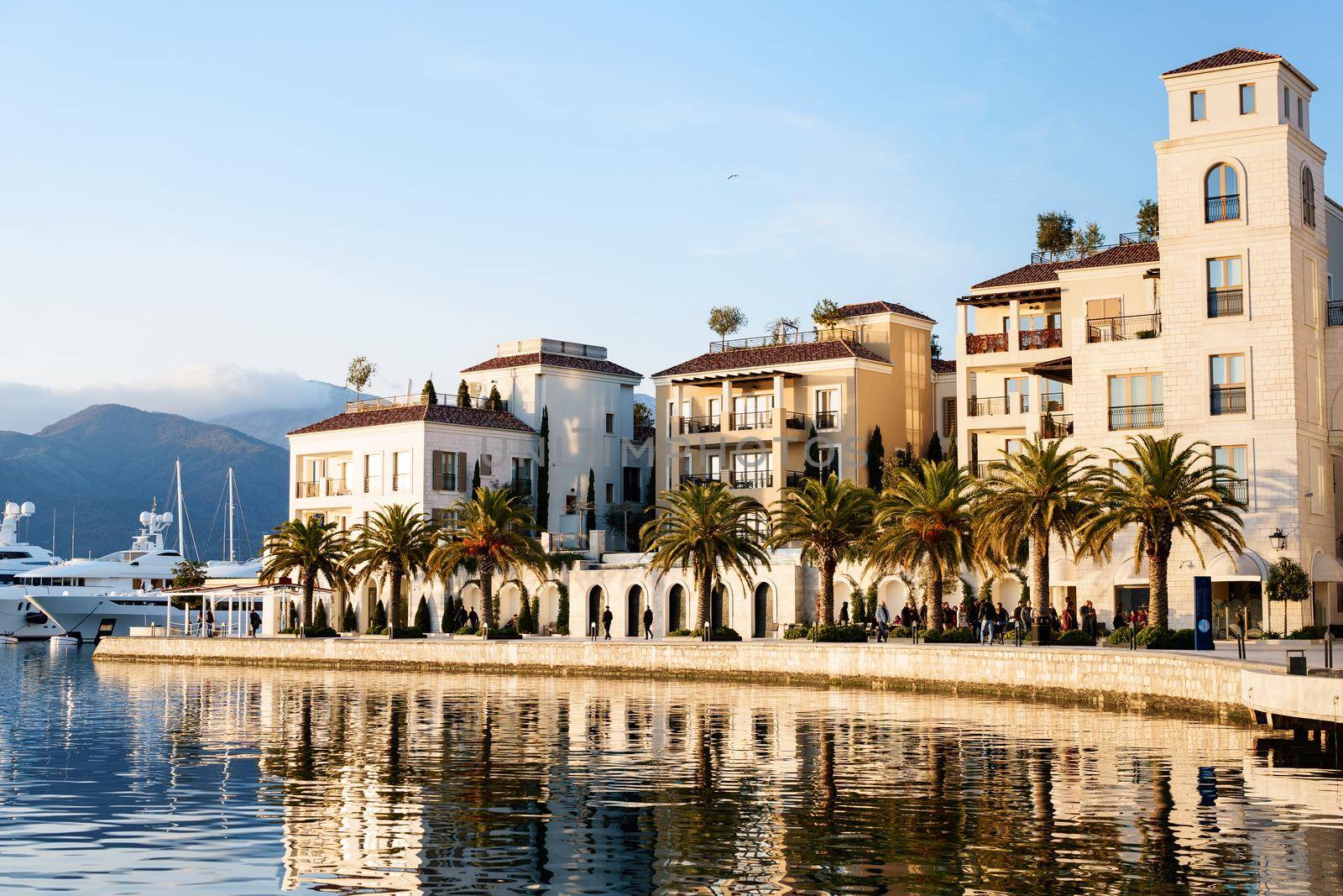 Modern expensive buildings on the coast of the bay. Porto. Montenegro. High quality photo