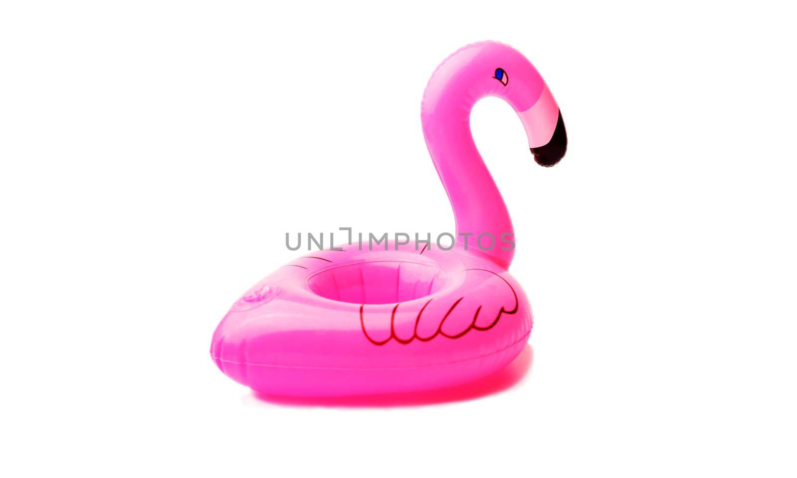 inflatable little flamingo on an isolated white background. Cup holder for the pool. Concept of summer time. Beach summer composition. by Alla_Morozova93