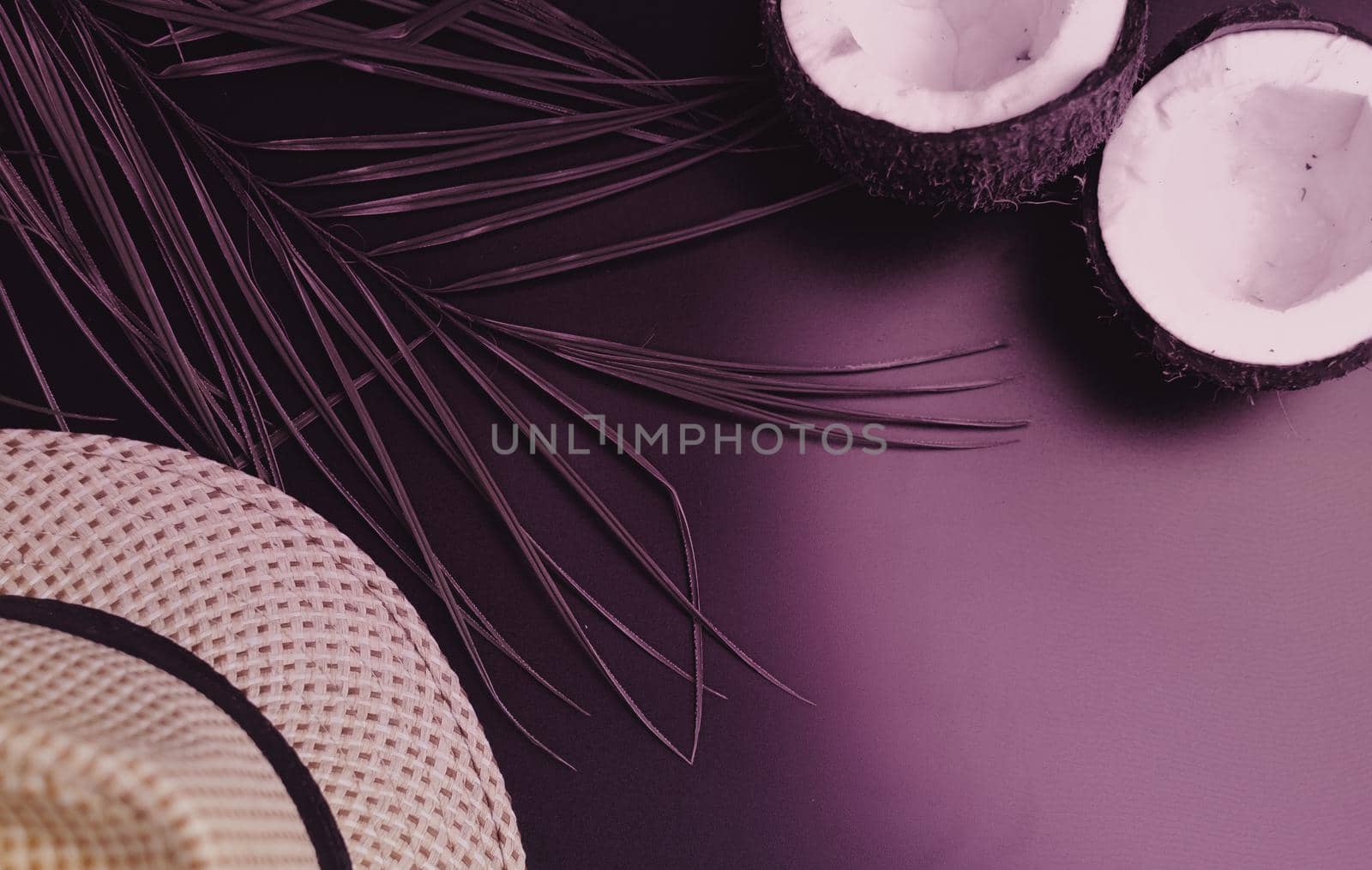 Summer composition with neon lights. Tropical palm leaves, hat, coconut on a dark background. The concept of the summer season, parties and heat. Flat lay, top view, copy space