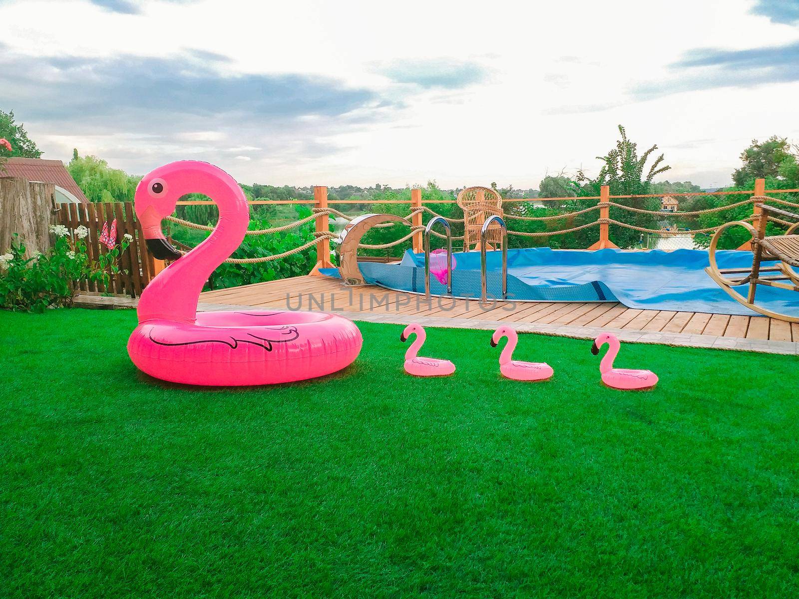 Big inflatable and three small flamingos on the green grass in front of the pool. Coasters for the pool. The concept of summer spending time. Beach summer composition by Alla_Morozova93