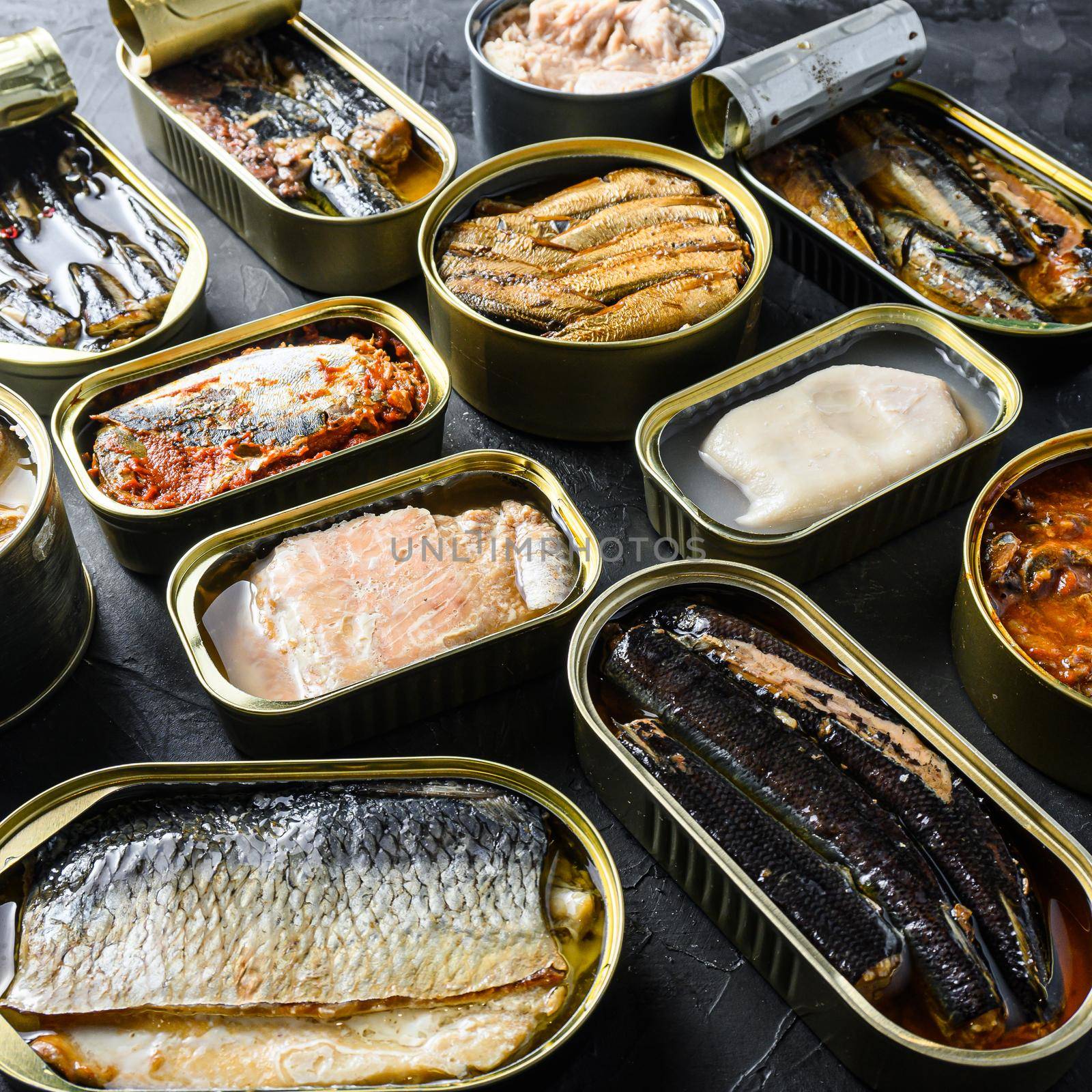 Tin can of Saury, mackerel, sprats, sardines, pilchard, squid, tuna Open and closed over black slate background side view square.