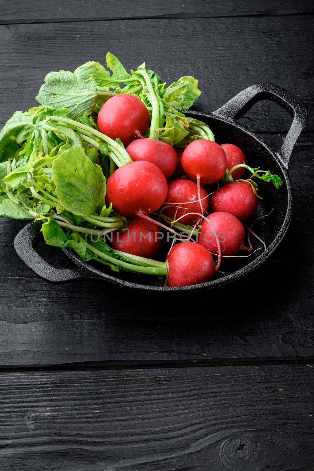 A bunch of juicy red radishes Healthy food set, on black wooden table background, with copy space for text