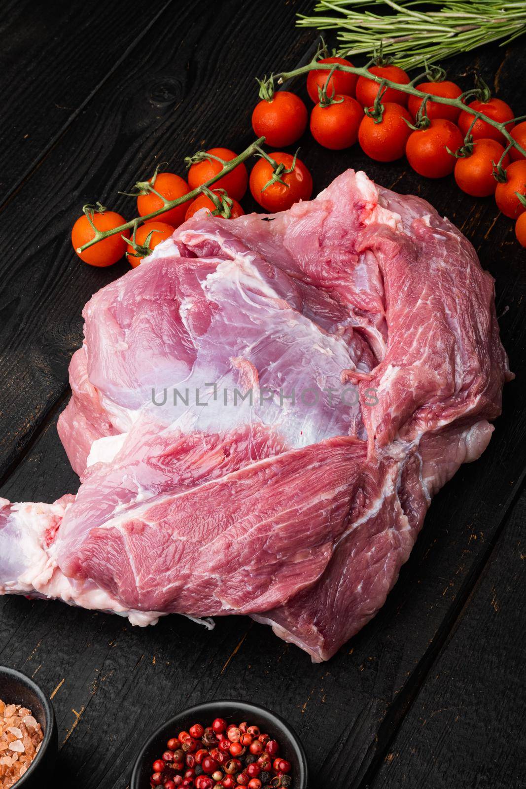 Pork meat ingredients set, on black wooden table background