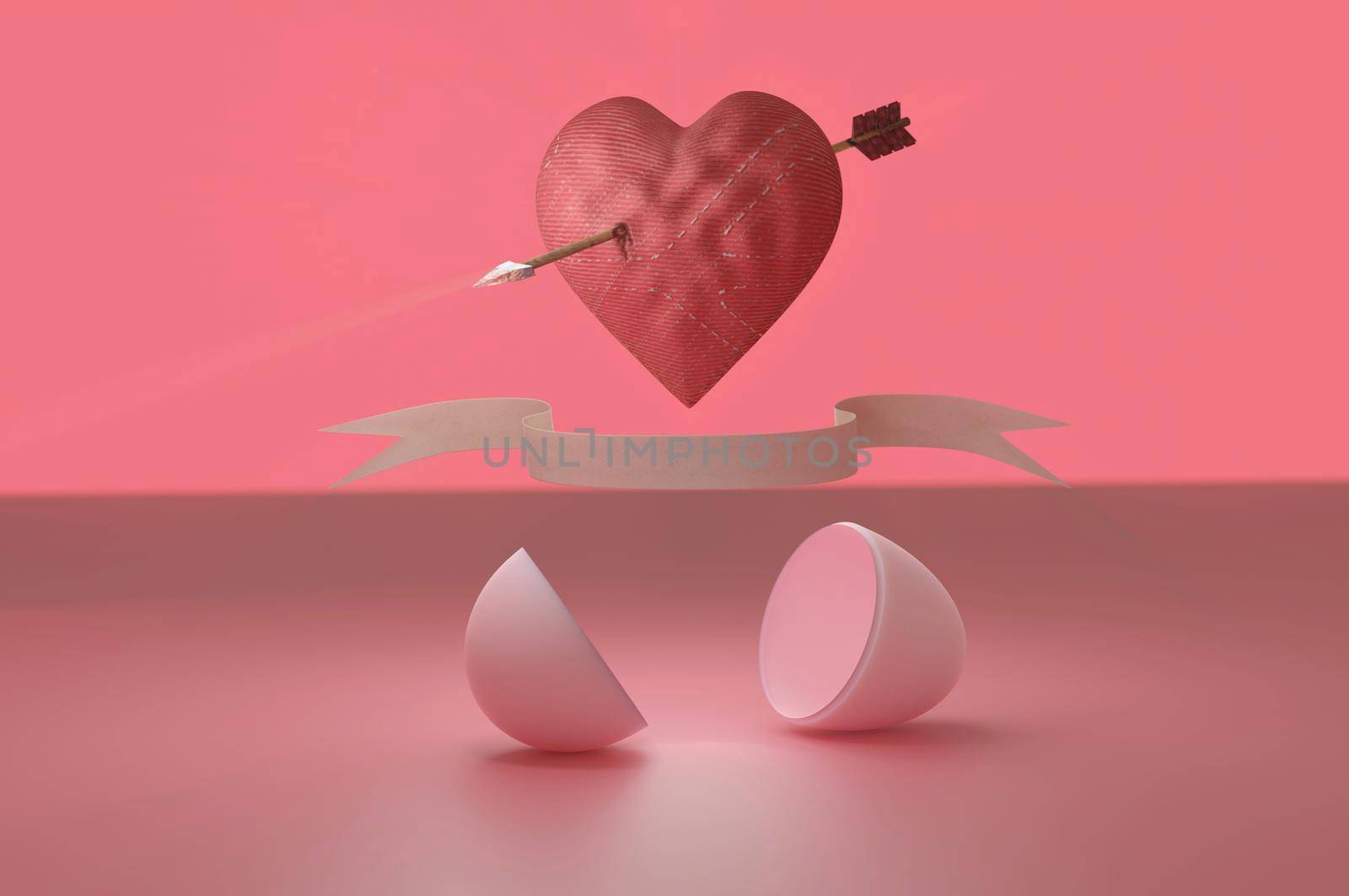 3d illustration. Open Gumball capsult  inside Cupid heart arrow . idea concept made by red heart