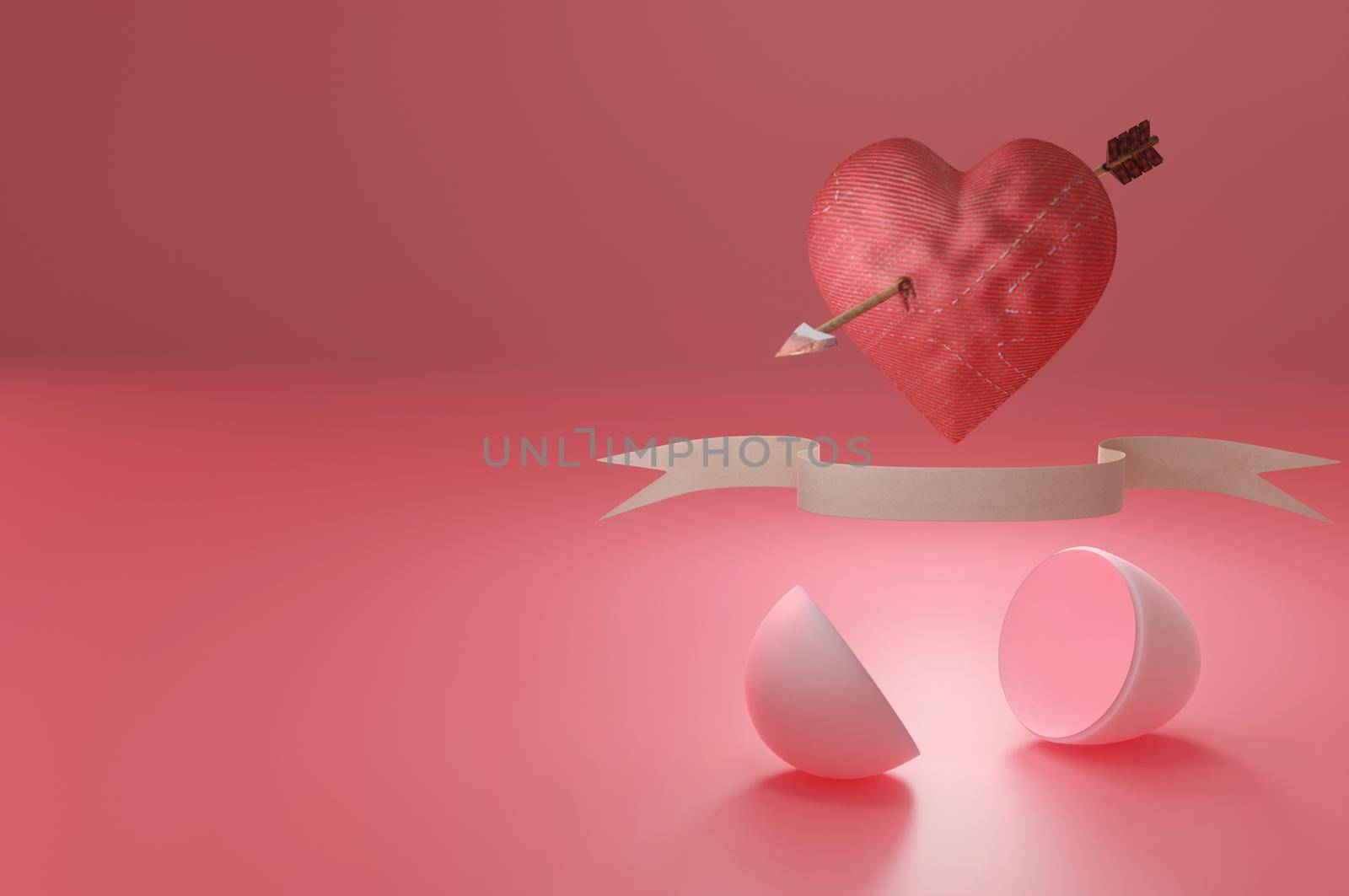 3d illustration. Open Gumball capsult  inside Cupid heart arrow . idea concept made by red heart