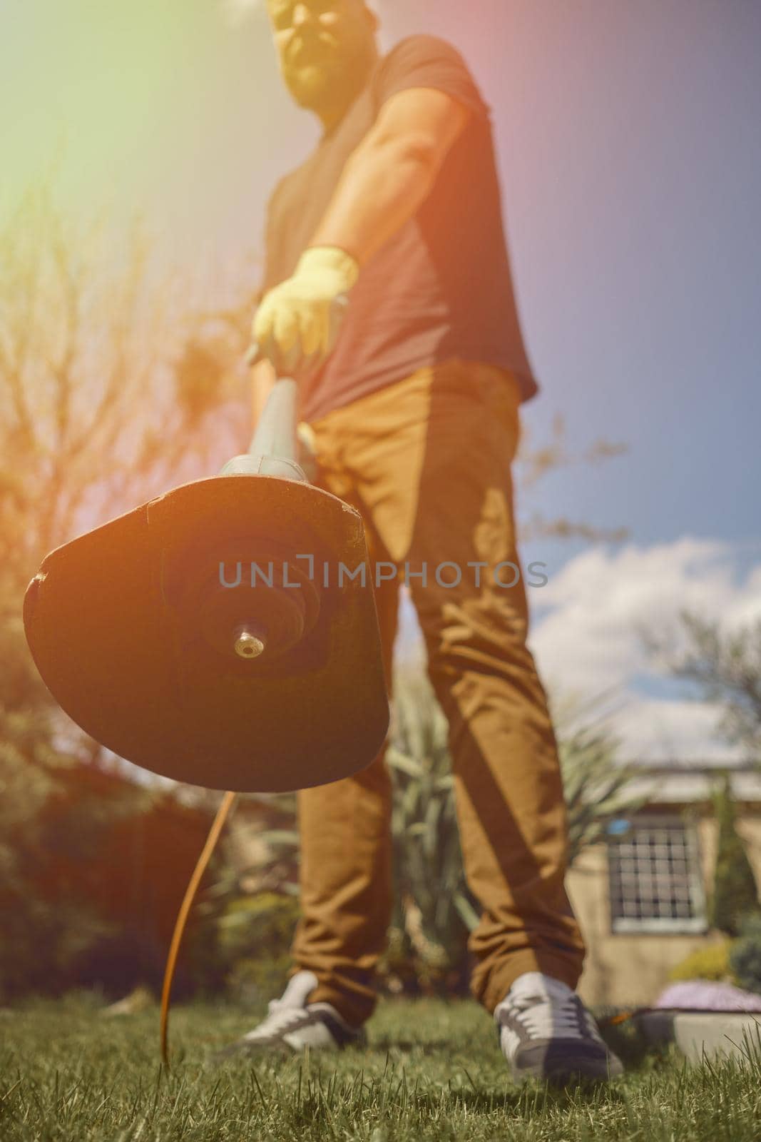 Bearded man in casual clothes and gloves is trimming green grass with professional electrical mini lawn mower on his backyard. Sunny day. Close up by nazarovsergey