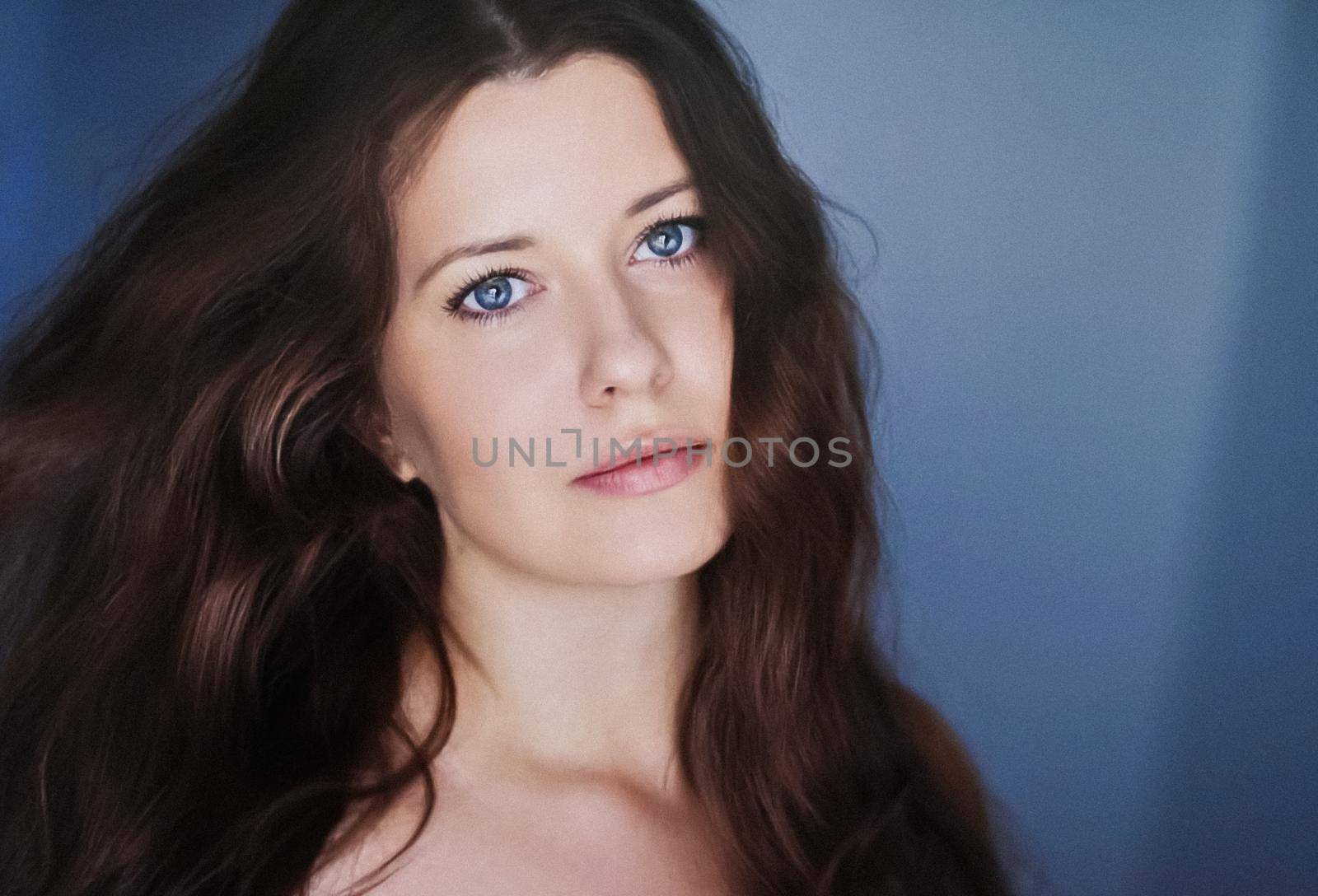 Romantic model look and aesthetic beauty face closeup. Beautiful woman with brown hair, long hairstyle and natural makeup as classic glamour style and fashion portrait.