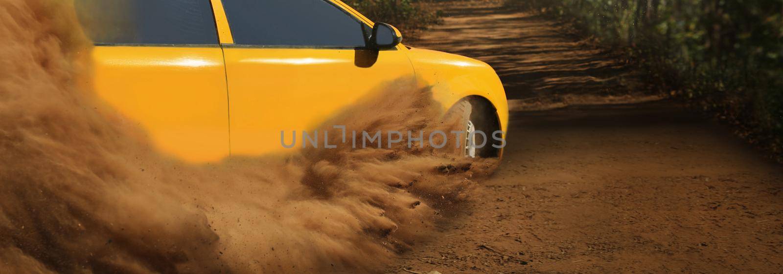 Rally race car drifting on dirt track.