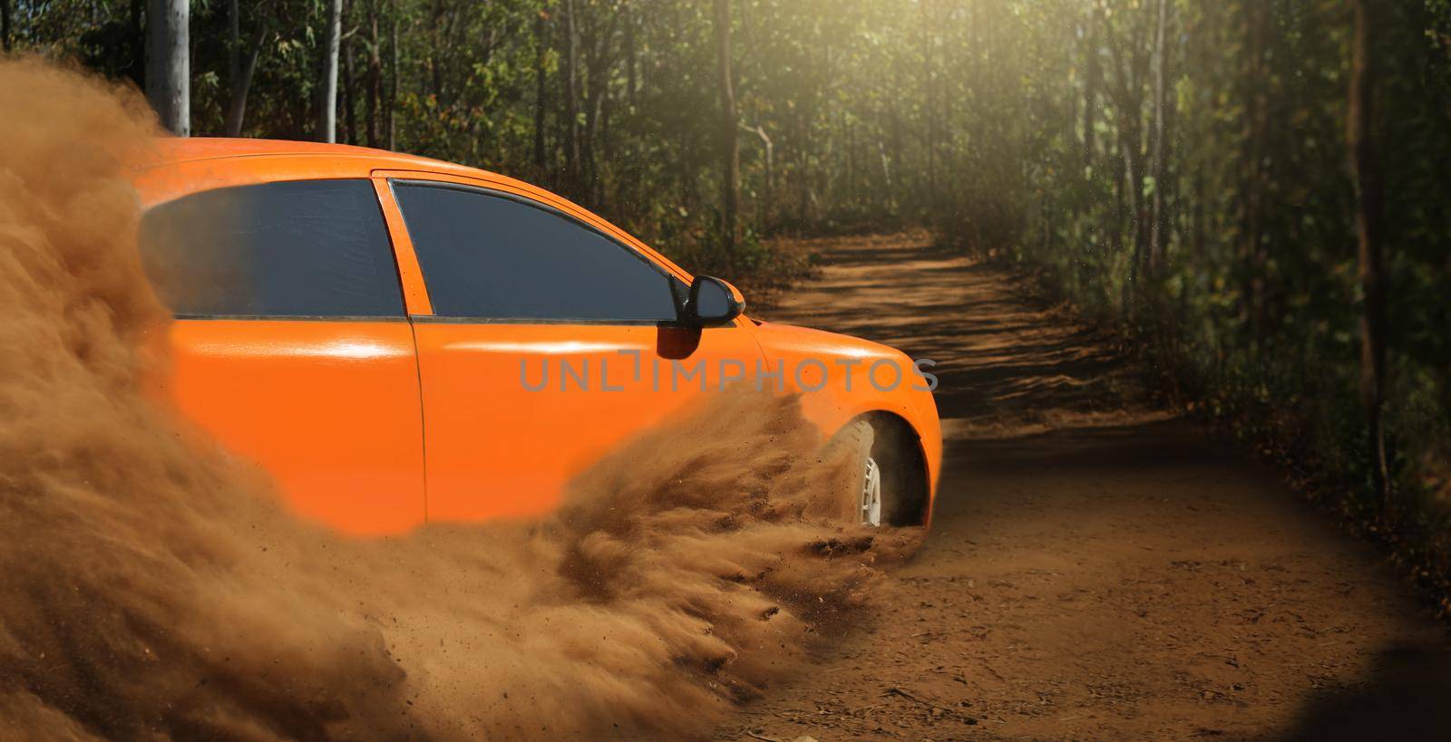 Rally race car drifting on dirt track.