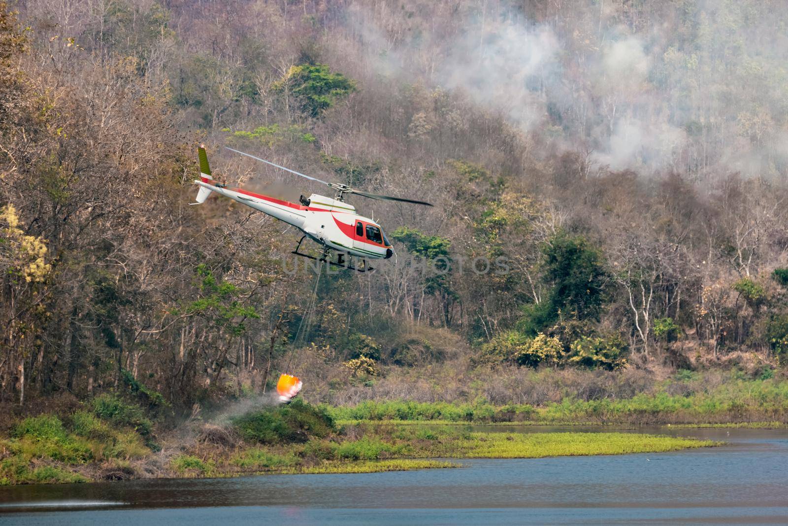 Fire fighting helicopter carry water for extinguish forest fire