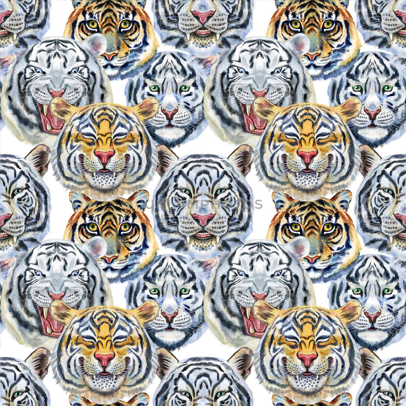 Watercolor seamless pattern with cute tigers on the white background. Fashionable fabric design.