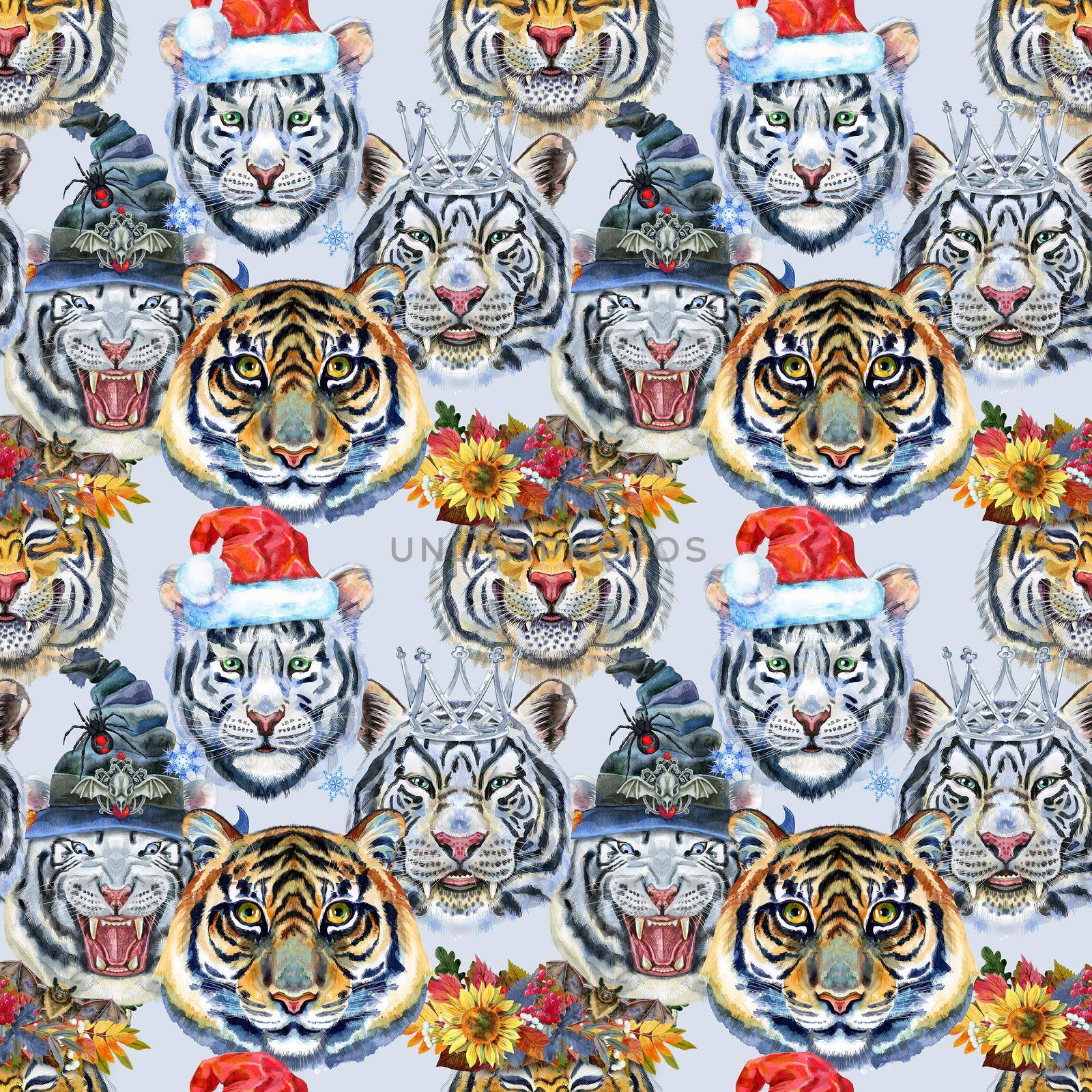 Watercolor seamless pattern with cute tigers on the white background. Fashionable fabric design.