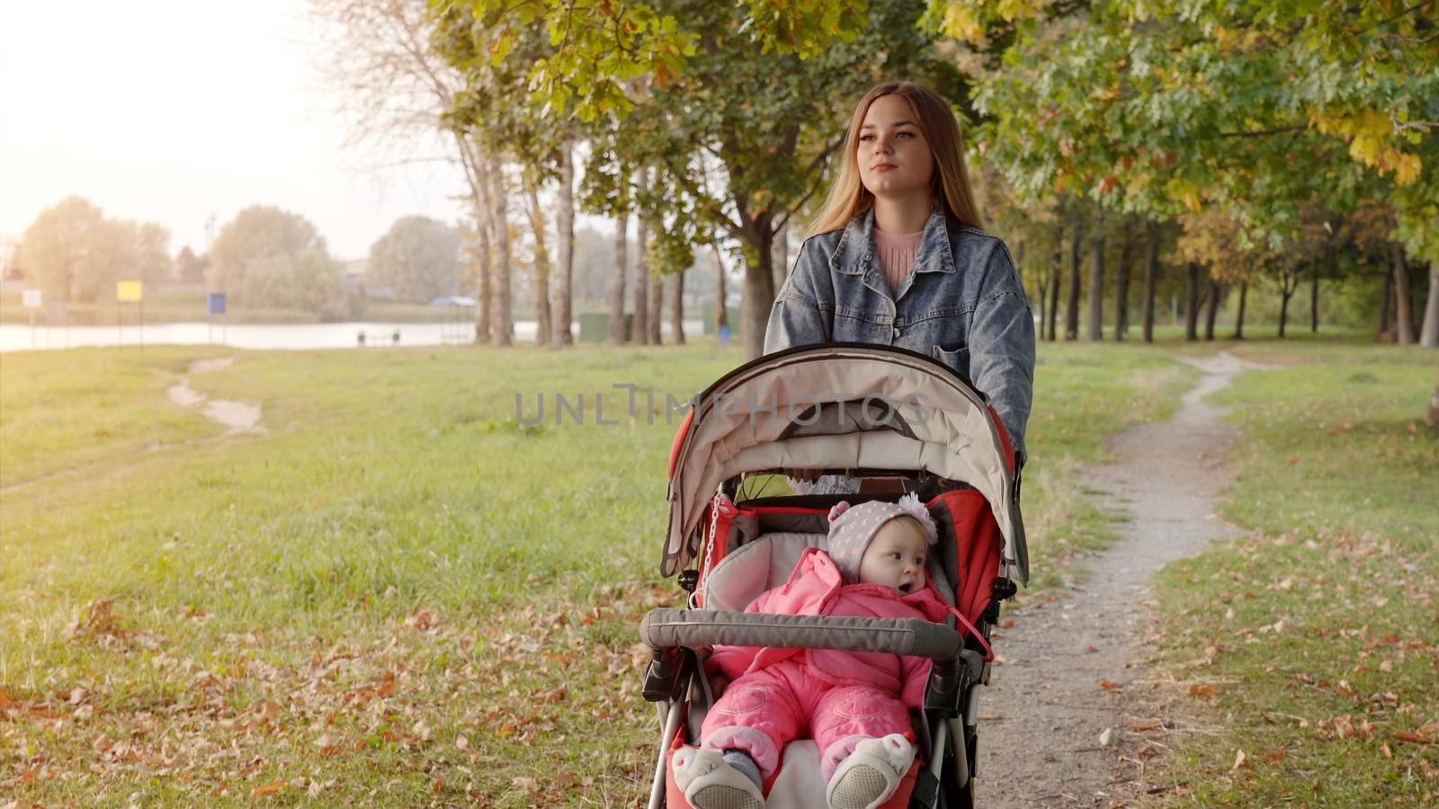 A young mother with a stroller walks in the autumn evening. by DovidPro