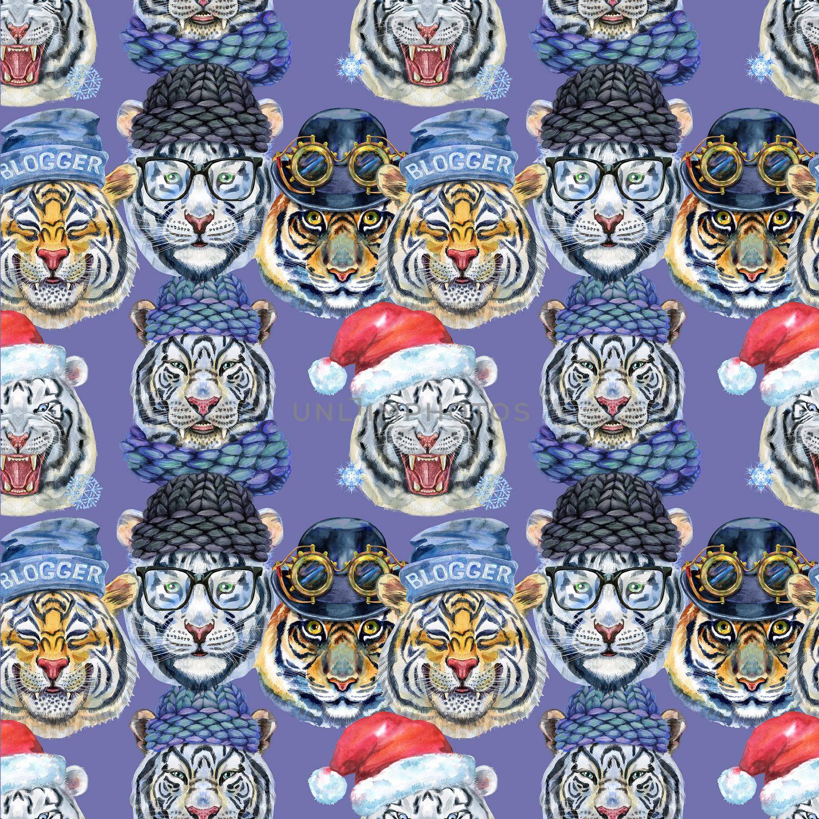 Watercolor seamless pattern with cute tigers on blue background. Fashionable fabric design.