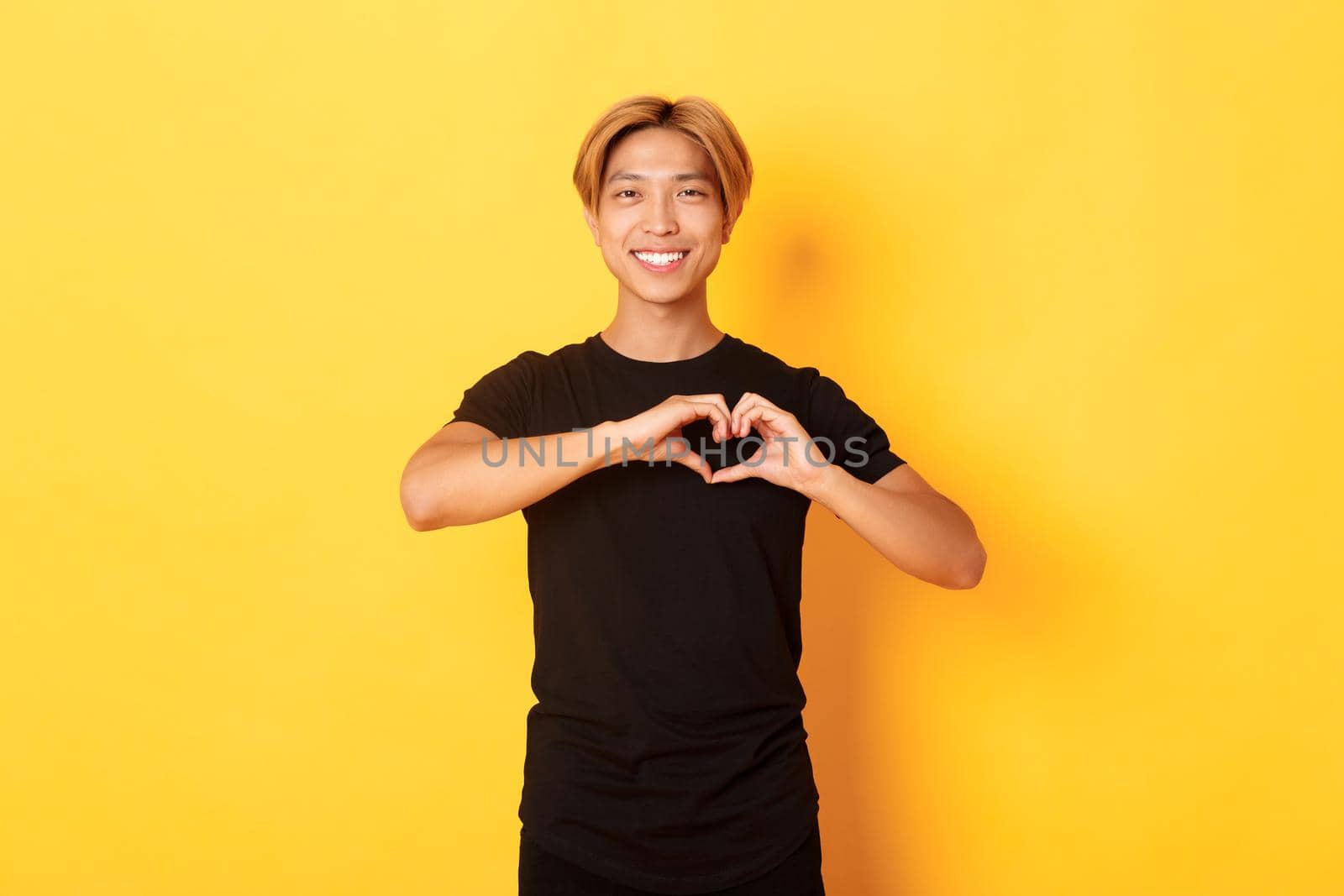 Portrait of lovely handsome blond asian man, showing heart gesture and smiling, standing yellow background.