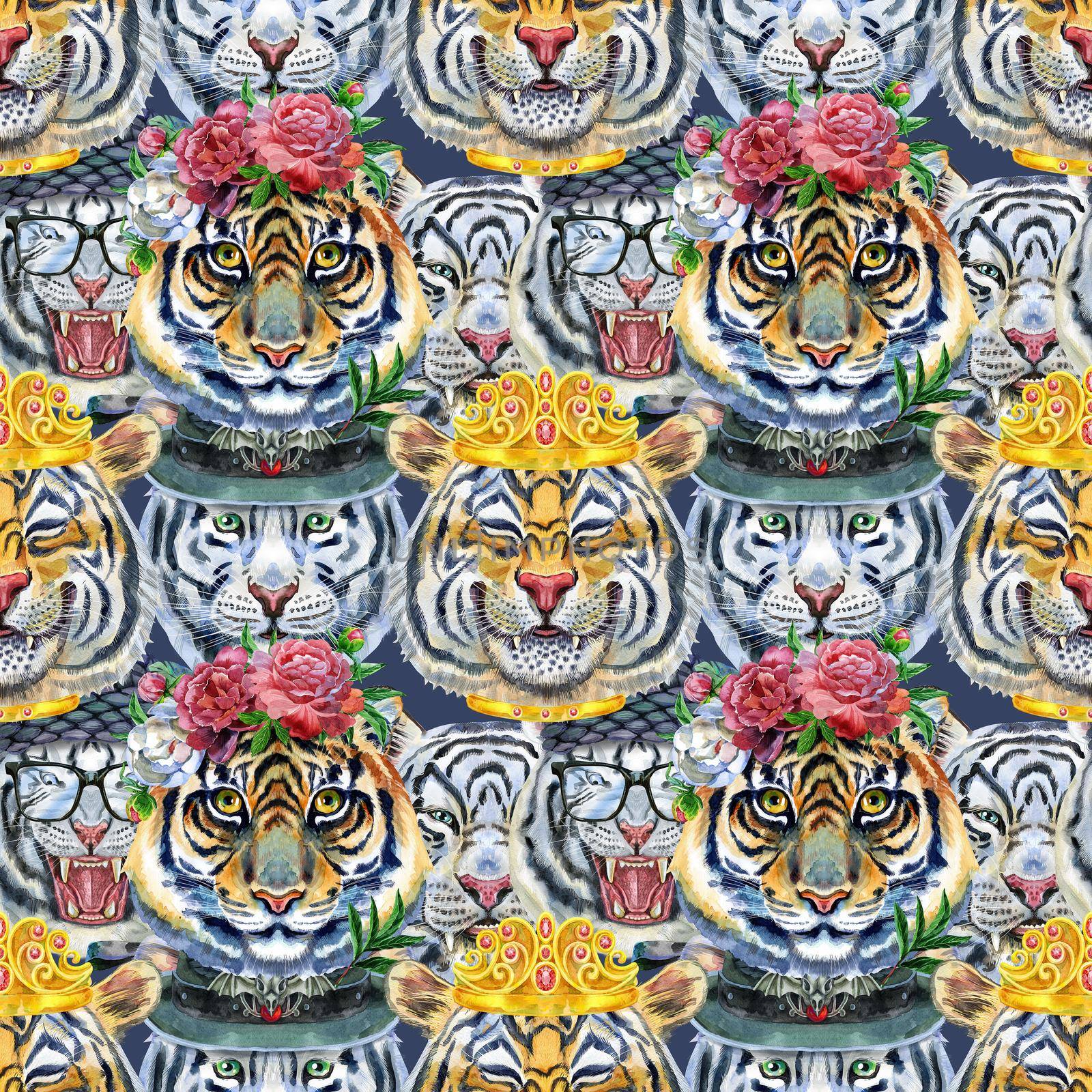 Watercolor seamless pattern with cute tigers on the dark blue background. Fashionable fabric design.