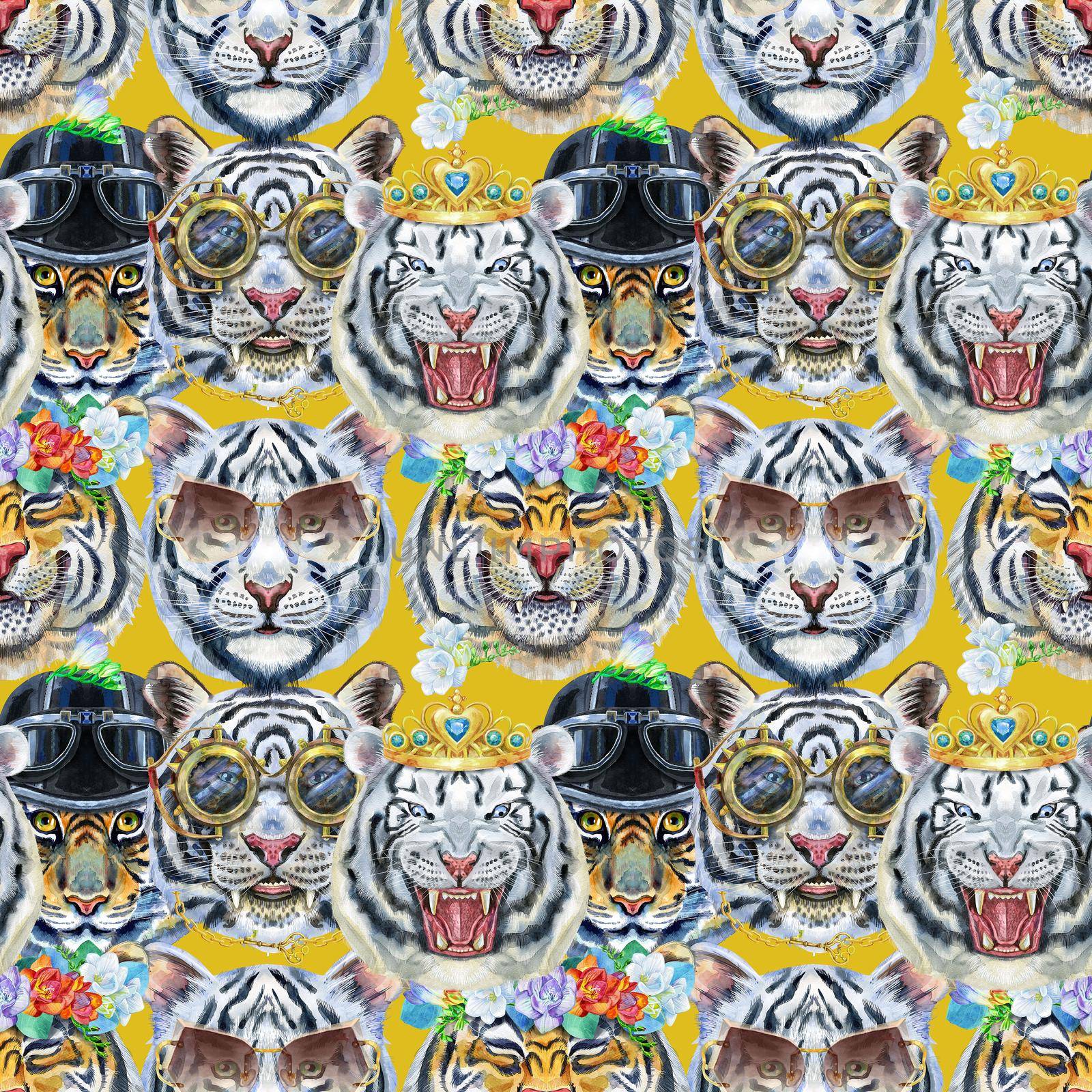 Watercolor seamless pattern with cute tigers on the olive background. Fashionable fabric design.