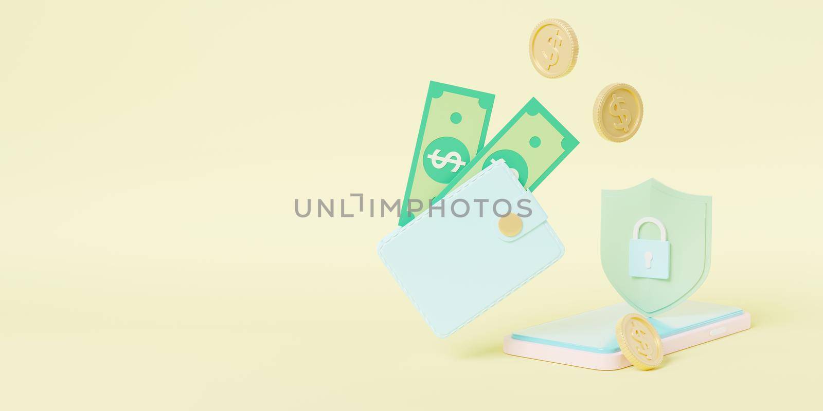 Security financial savings online payment protection on smartphone online transaction banking, Money transfer from wallet into mobile phone with Secure bank, Isometric 3D rendering illustration