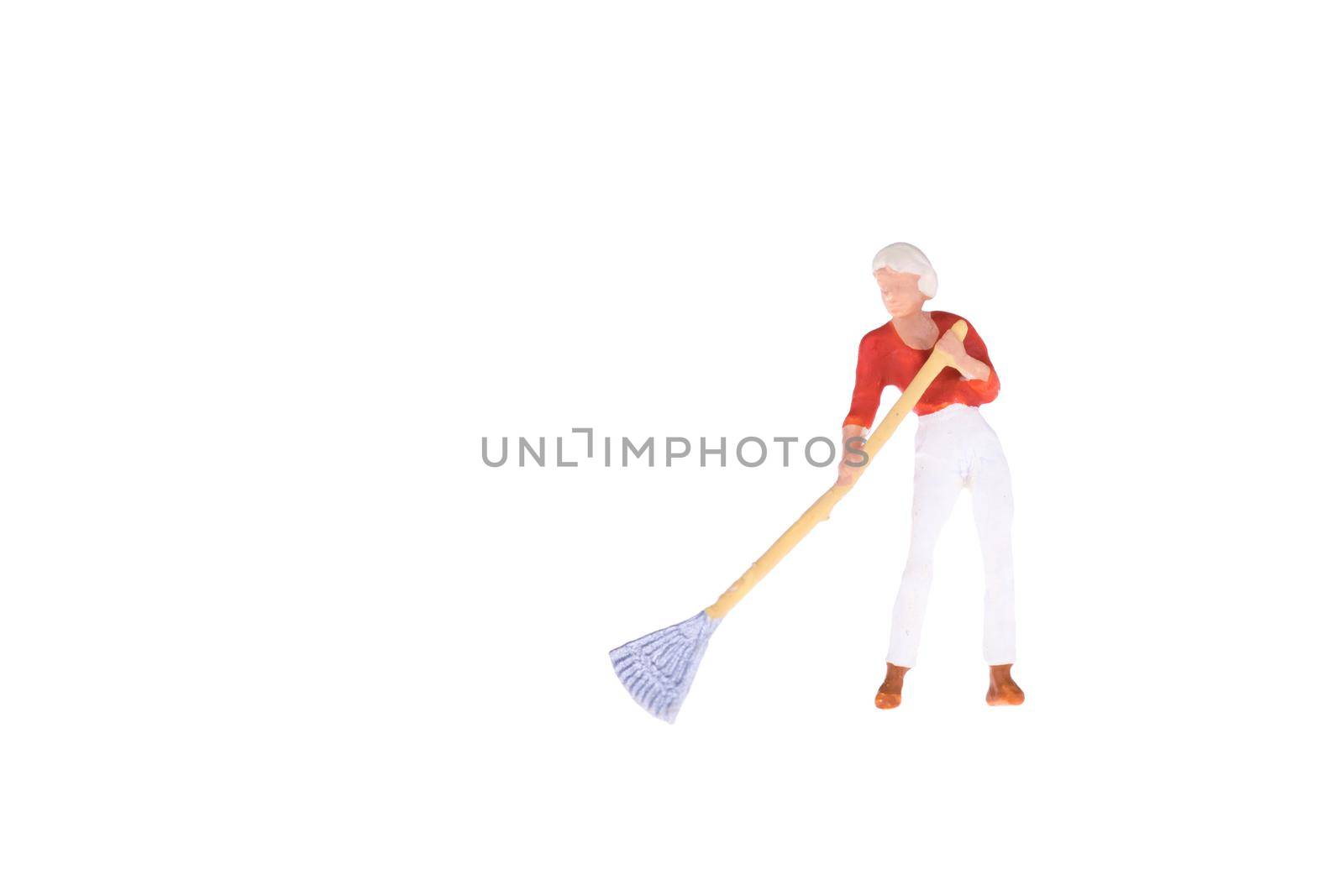 Close up of Miniature gardener people isolate on white background. Elegant Design with copy space for placement your text, mock up for housework and gradening concept
