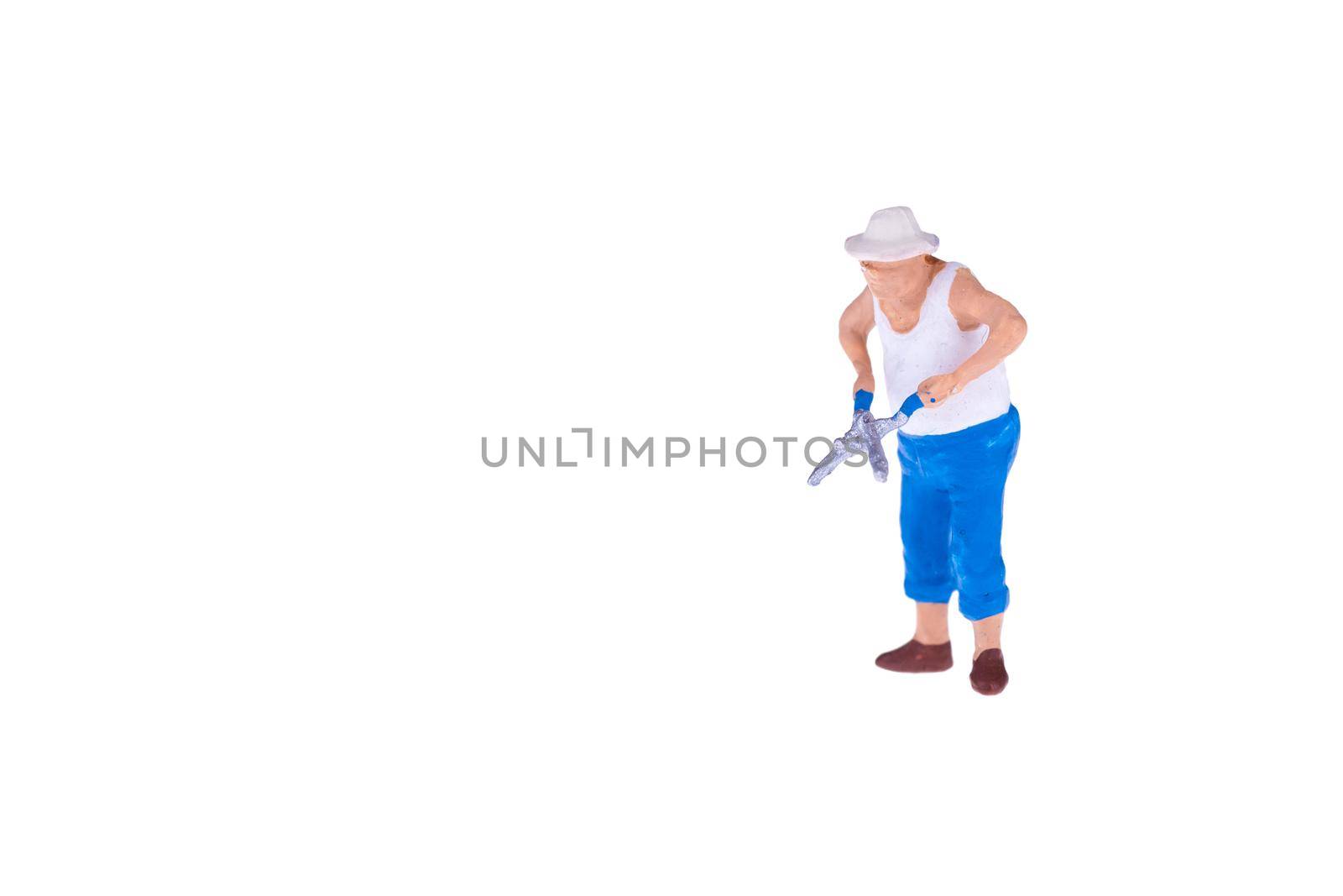 Close up of Miniature gardener people isolate on white background. Elegant Design with copy space for placement your text, mock up for housework and gradening concept