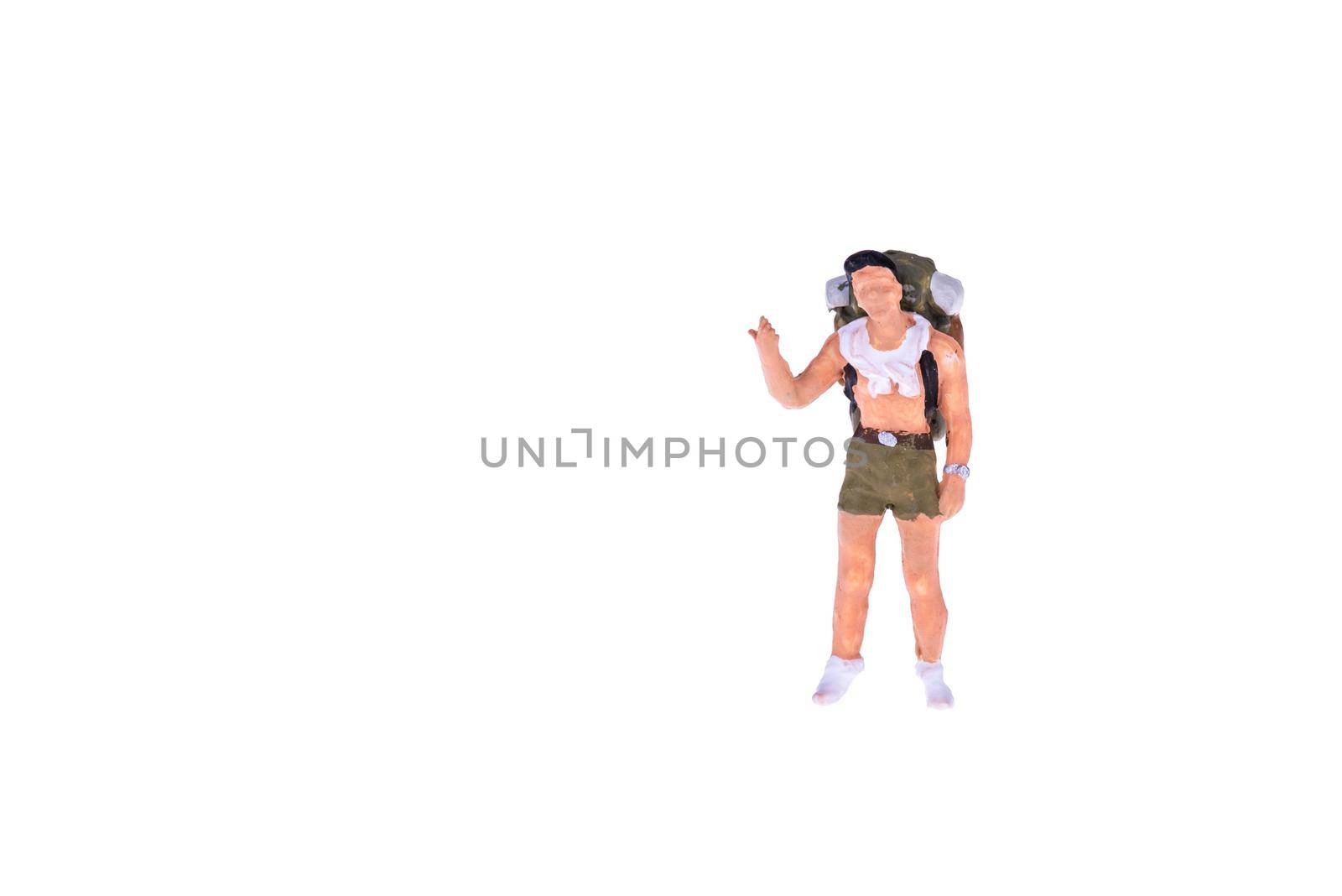 Close up of Miniature backpacker and tourist people isolate on white background. Elegant Design with copy space for placement your text, mock up for travel concept by Nuamfolio