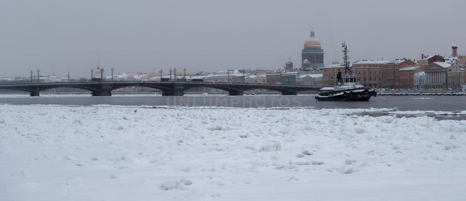 Winter panoramic view of St. Petersburg at frosty day, Isaac cathedral and Blagoveshenskiy bridge on background, steam over frozen Neva river. High quality photo