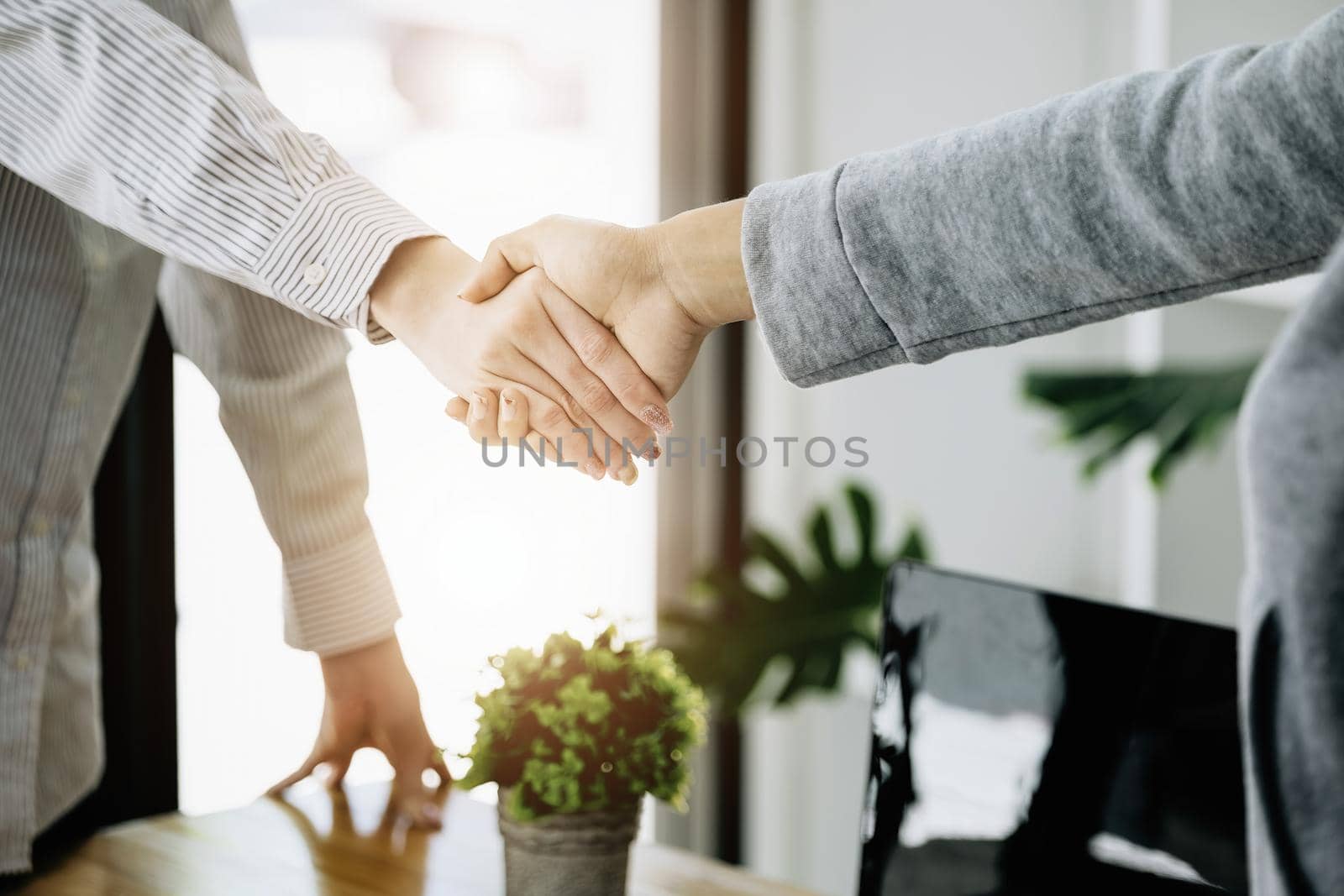 Businesswoman handshake for teamwork of business merger and acquisition,successful negotiate,hand shake,two business woman shake hand with partner to celebration partnership and business deal concept. by Manastrong