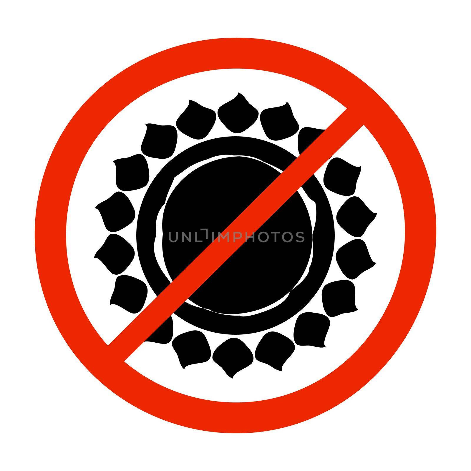 Stop or ban red round icon with sun. Protect from the sun's rays. Sunscreen protection concept. Keep away direct from sunshine. Stock vector illustration