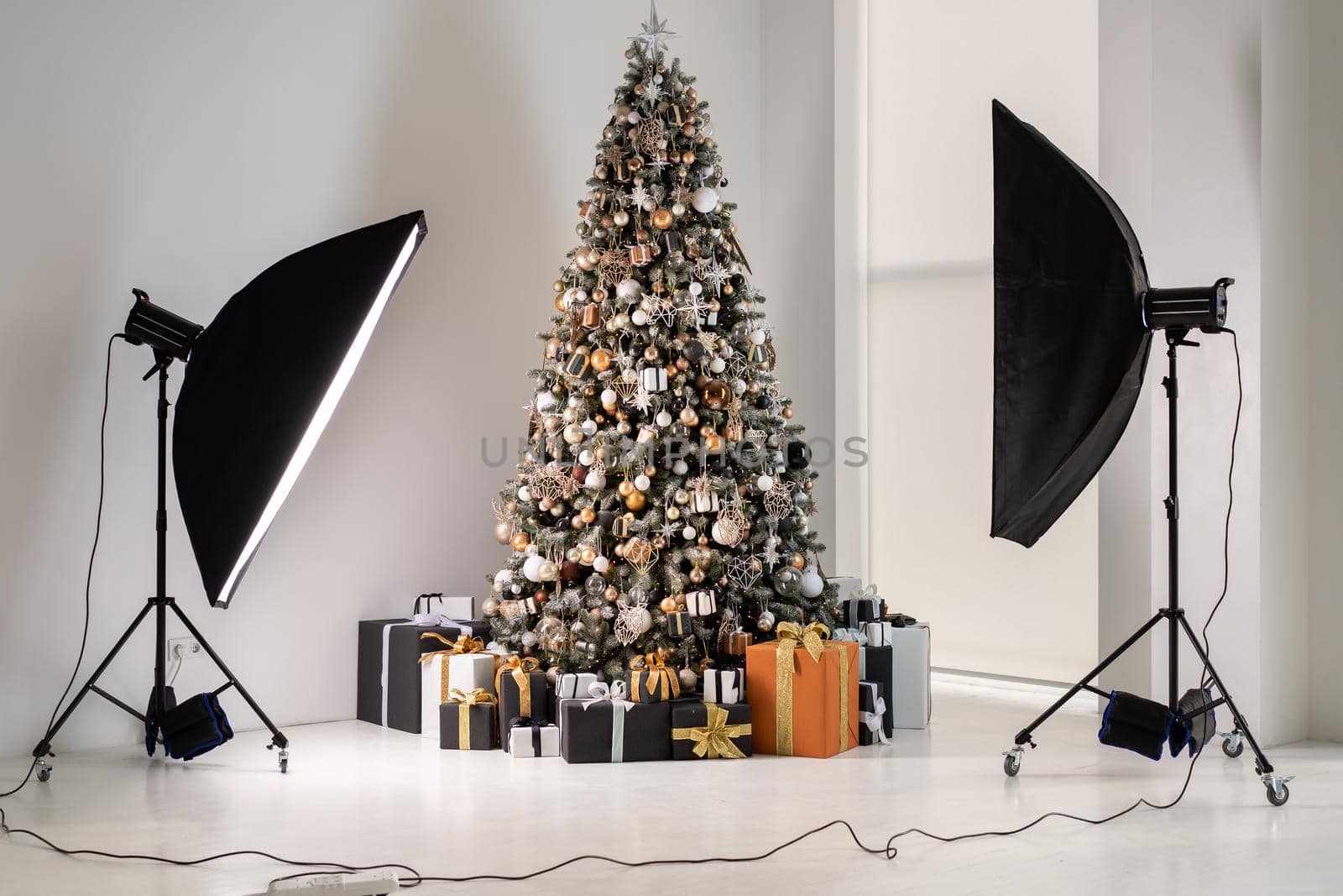 Christmas tree in white interior photo studio with stylish black and orange gift box standing like fashion model with flash light equipment