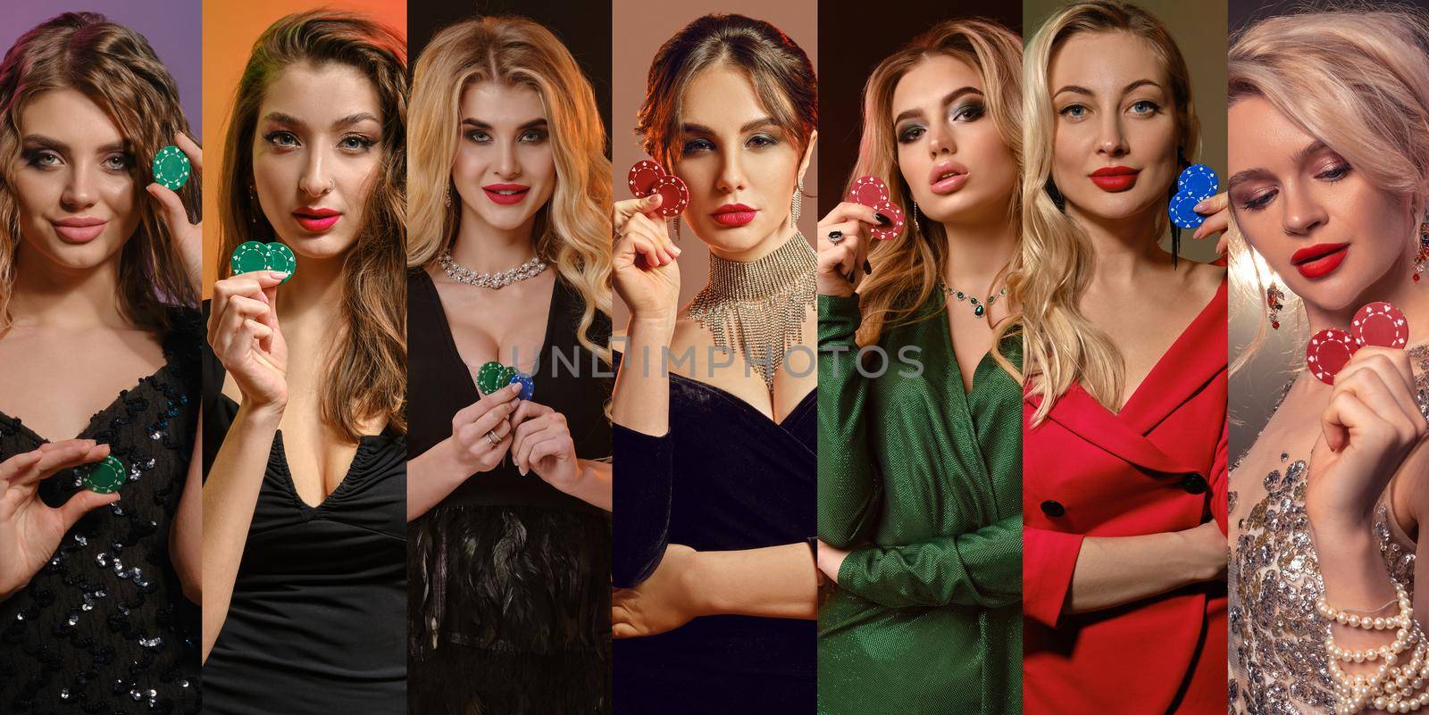 Collage of gorgeous women with bright make-up and hairstyles, in stylish dresses and jewelry. They showing playing chips while posing against colorful backgrounds. Gambling, poker, casino. Close-up