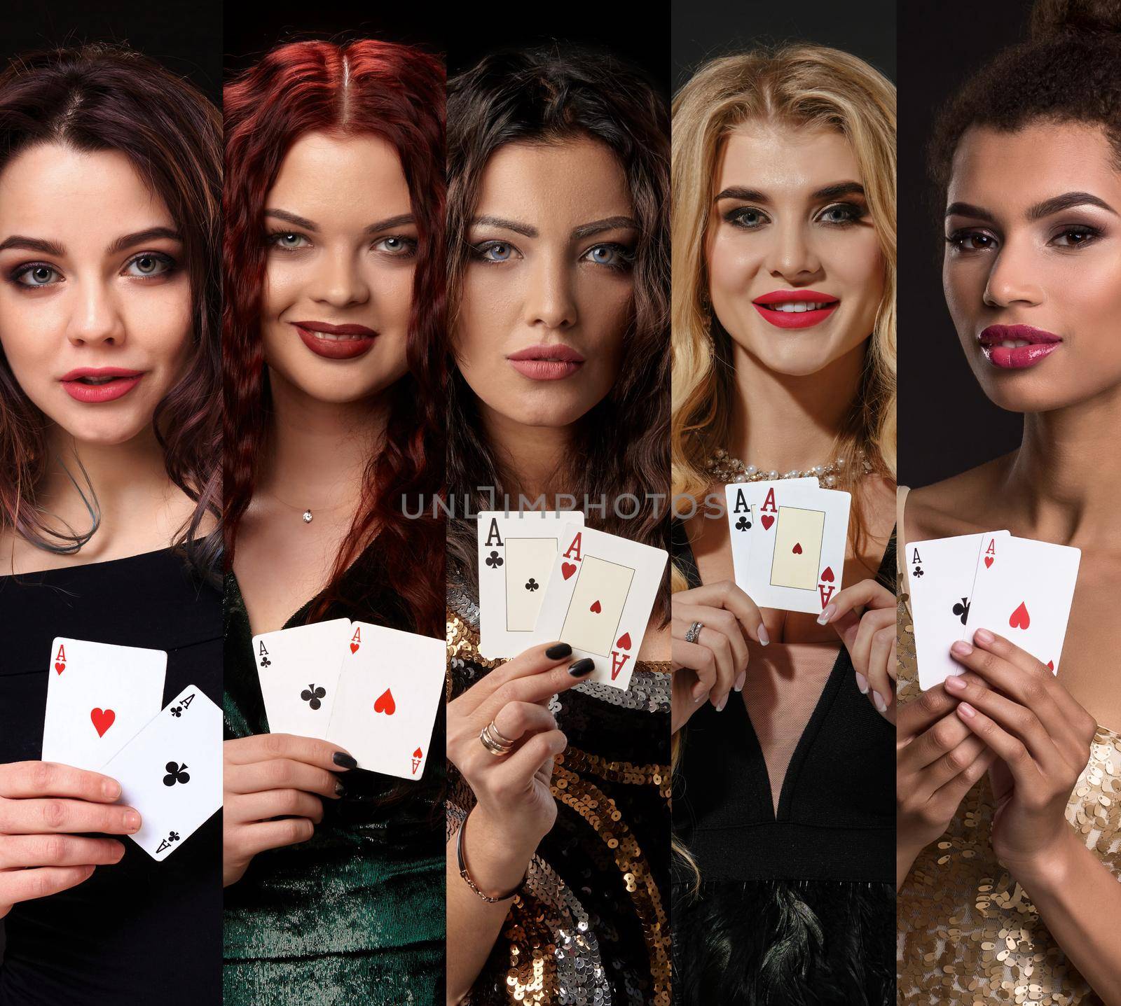 Collage of five alluring females with bright make-up, in stylish dresses and jewelry. They smiling and showing aces while posing against colorful backgrounds. Gambling, poker, casino. Close-up