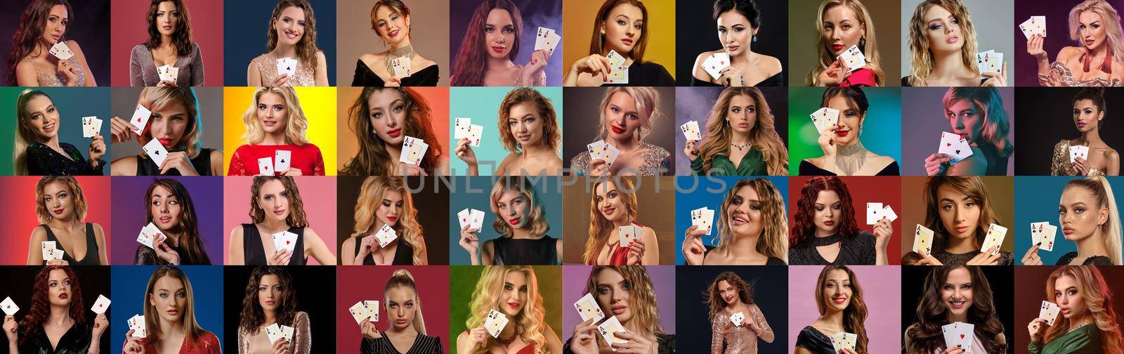 Collage of gorgeous models with bright make-up and hairstyles, in stylish dresses and jewelry. They showing playing cards while posing against colorful backgrounds. Gambling, poker, casino. Close-up