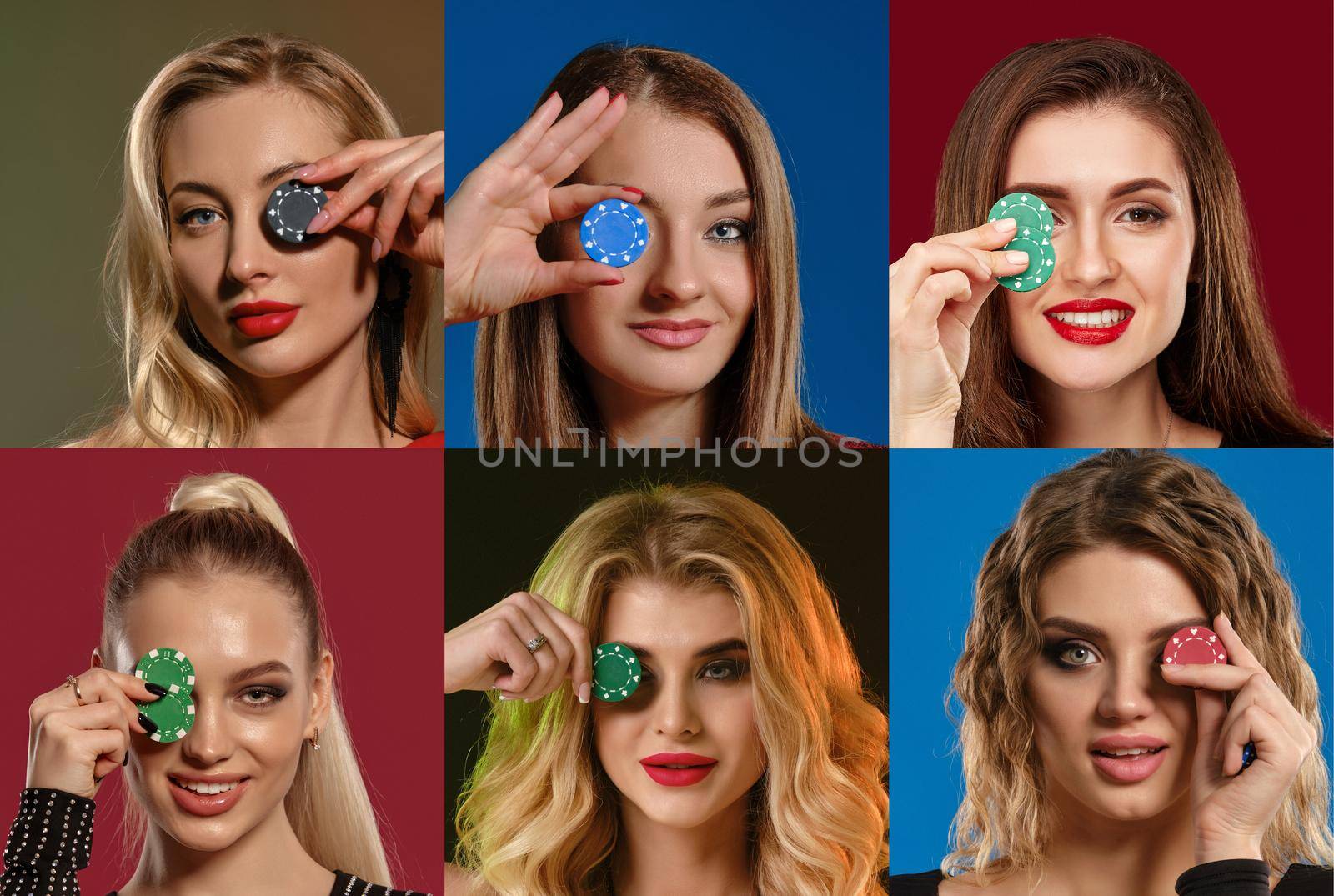 Collage of women with stylish hairstyles, in jewelry. They smiling, covered one eye by chips, posing on colorful backgrounds. Poker, casino. Close-up by nazarovsergey