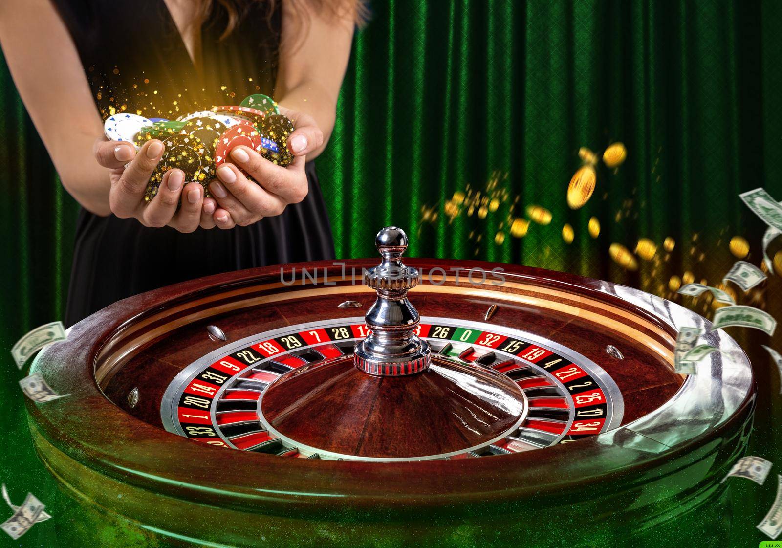 Collage of casino images with a close-up vibrant image of multicolored casino roulette table with poker chips in woman hands. Green background with golden sparks