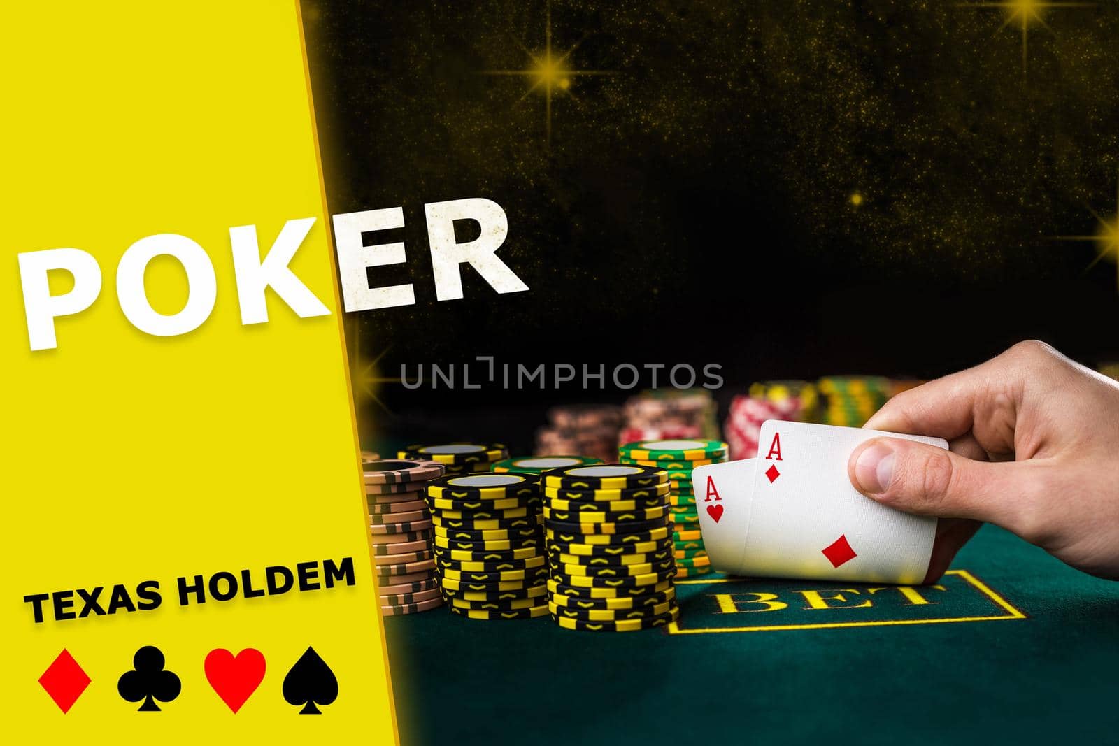 Hand of man raising two aces from green playing table. Stacks of chips standing nearby on black sparkling background. Inscription poker, texas holdem, card suits on yellow insert. Casino, close-up