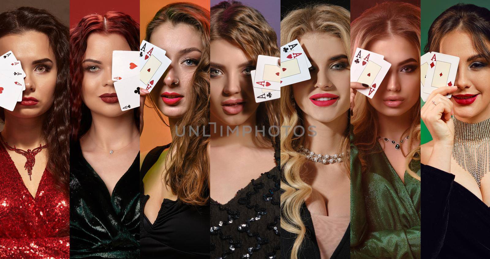 Collage of attractive models with make-up, hairstyles, in stylish dresses and jewelry. They covered one eye with two playing cards, smiling, posing on colorful backgrounds. Poker, casino. Close-up