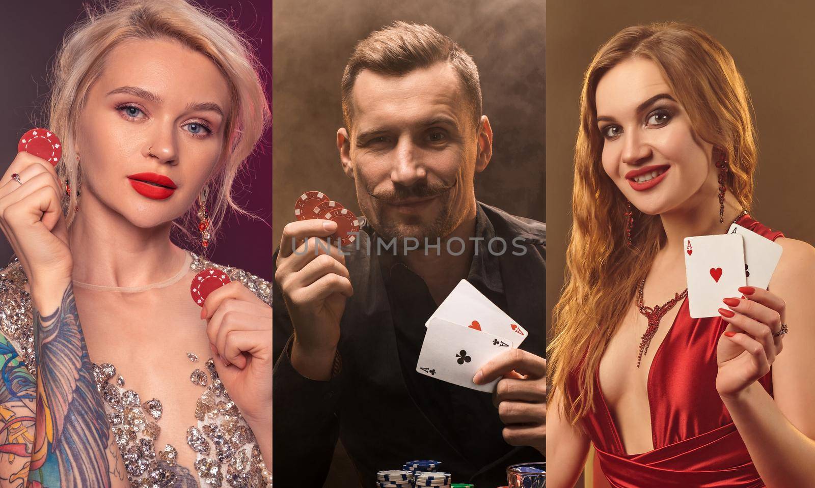 Collage of two charming smart-dressed ladies and handsome man. They are smiling, showing playing cards and red chips. Posing against colorful backgrounds. Gambling, poker, casino. Close-up