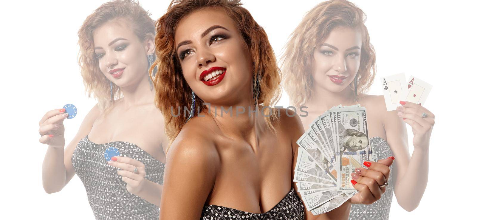 Triple image of ginger lady in stylish dress. She smiling, holding cash, aces and chips, posing isolated on white. Collage, poker, casino. Close-up by nazarovsergey