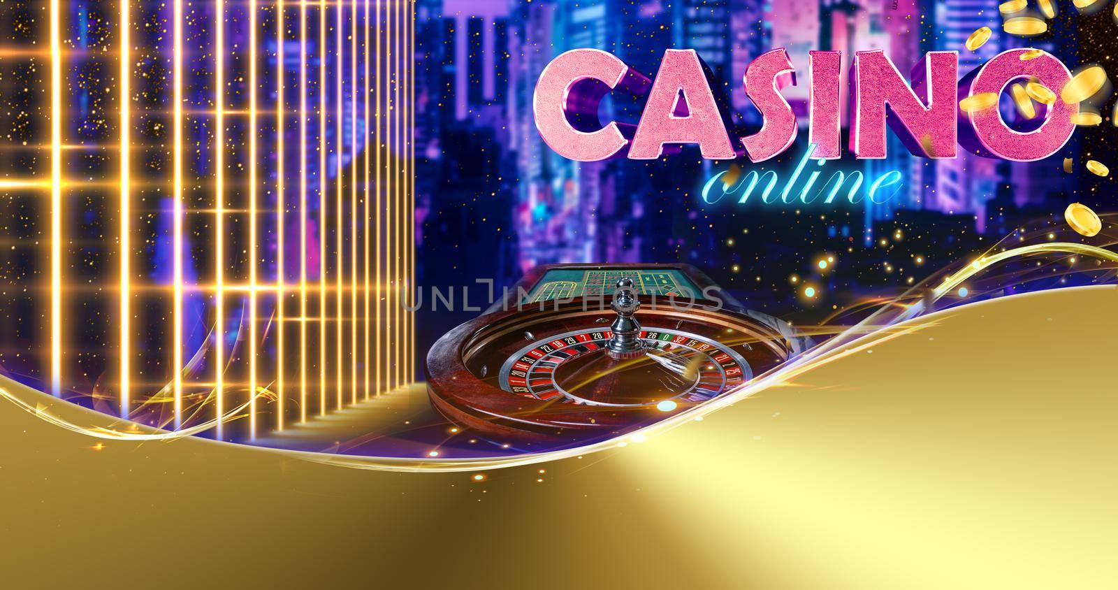 Roulette against cityscape sparkling background with neon lights and inscription casino online, falling golden coins. Copy space for your text. Poker by nazarovsergey