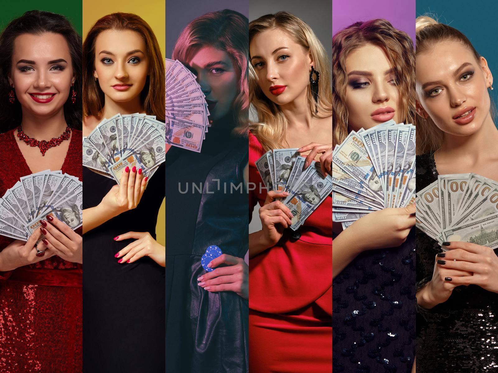 Collage of attractive women with bright make-up, in stylish dresses and jewelry. Smiling, showing fans of hundred dollar bills and blue chips, posing on colorful backgrounds. Poker, casino. Close-up