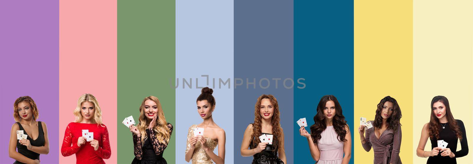 Collage of gorgeous ladies with bright make-up and stylish hairstyles, in luxury dresses and jewelry. They smiling and showing aces while posing against colorful backgrounds. Gambling, poker, casino