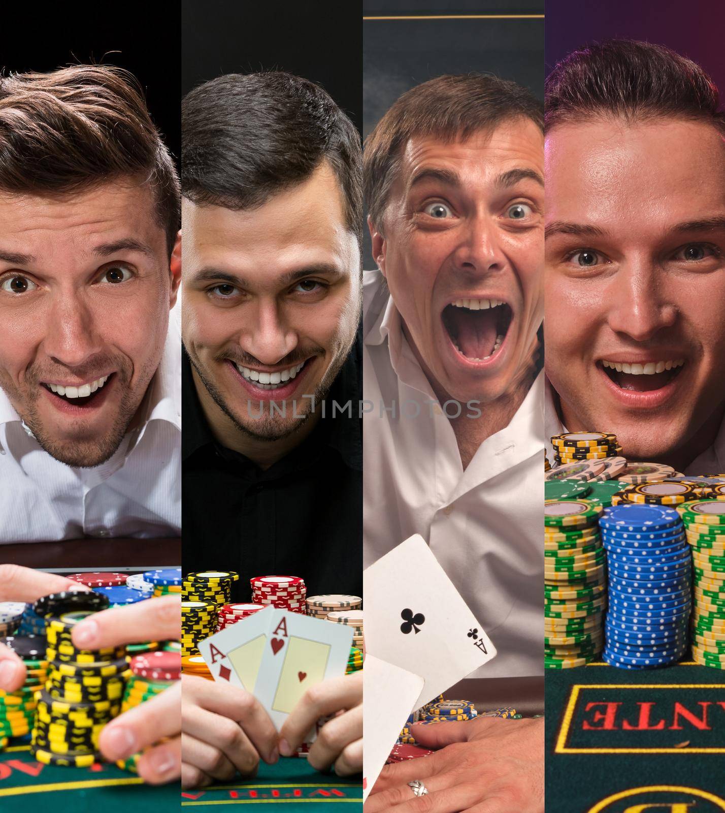 Collage of four excited men winners who are sitting at green playing table with colorful chips and aces. They are smiling, posing on black background. Gambling, poker, casino concept. Close-up