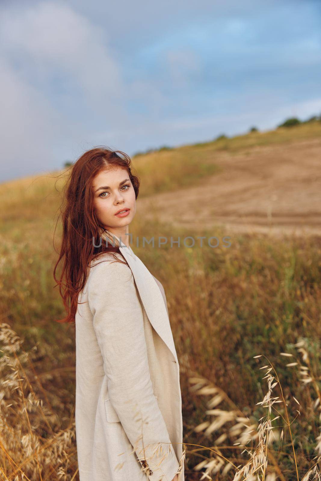 pretty woman wheat countryside landscape freedom sunny day. High quality photo