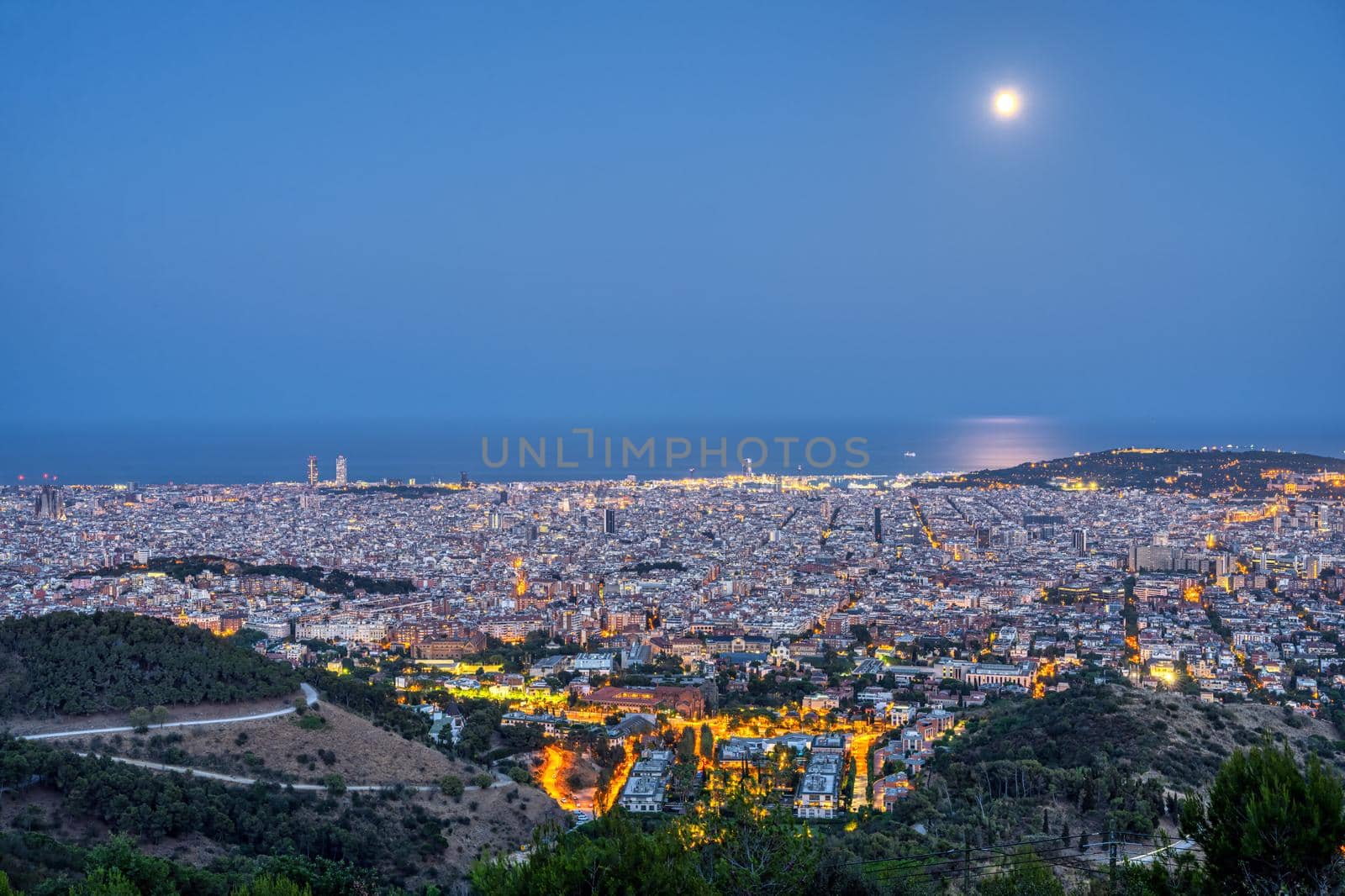 Night view of Barcelona from the Collserola mountain range during full moon