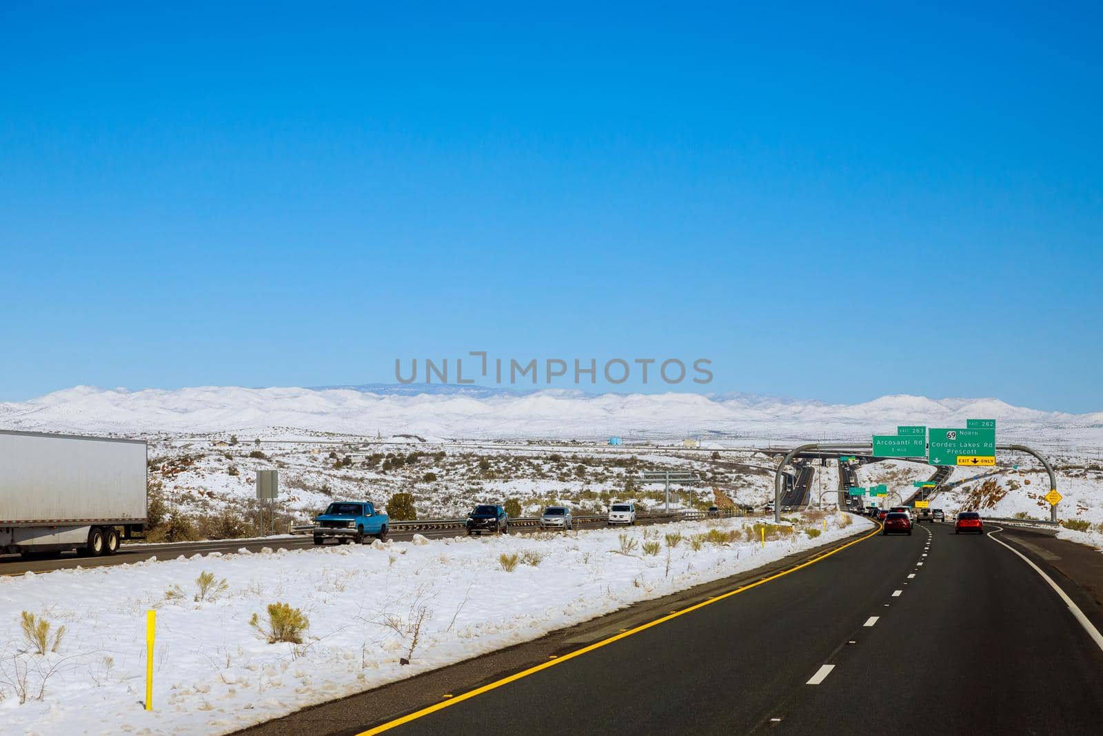 View of the I-17 Interchange valley landscape in winter with snow, Arizona US