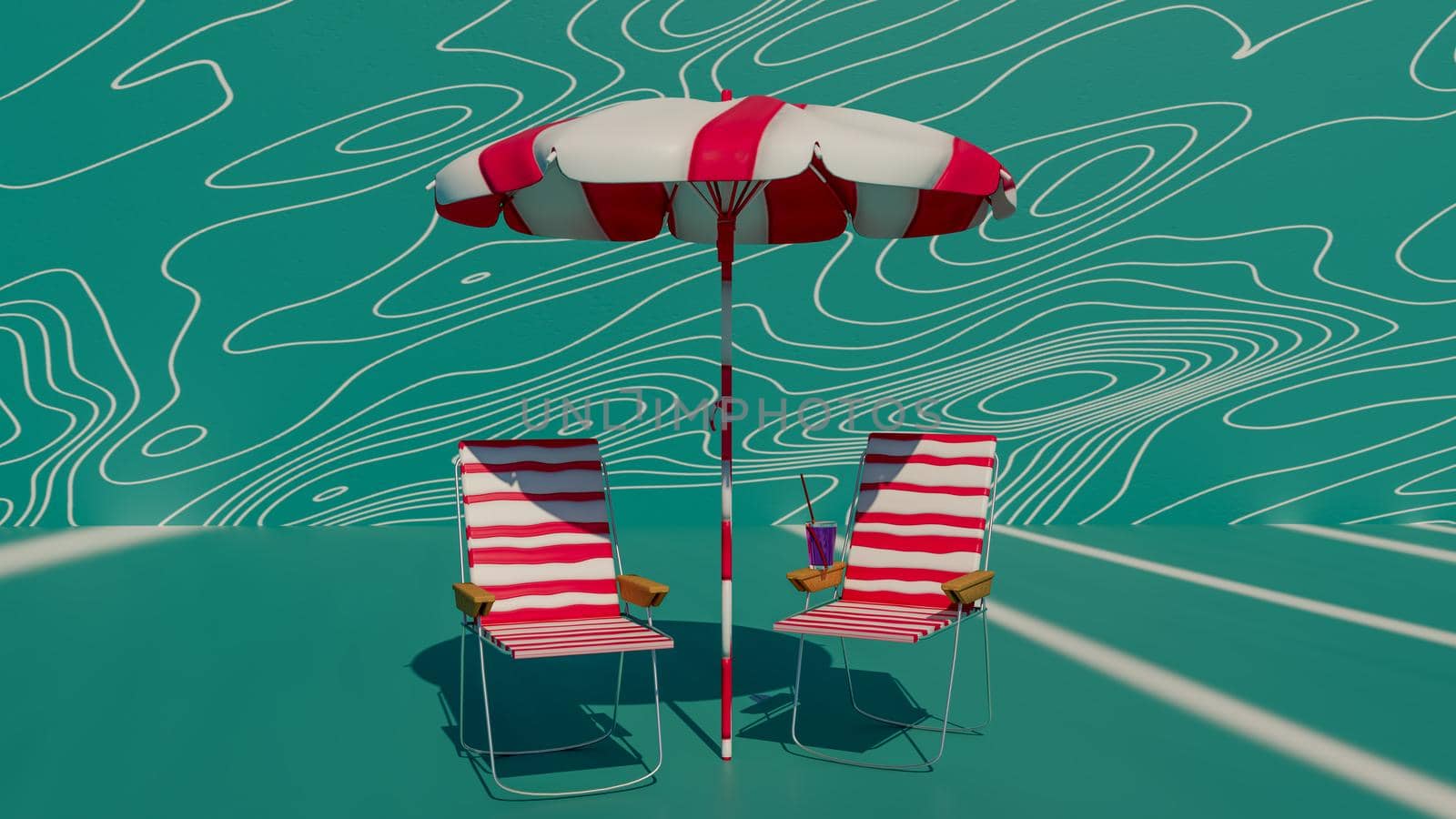 Summer vacation concept. Beach umbrella, chairs and cocktail on green background with copyspace. 3d illustration