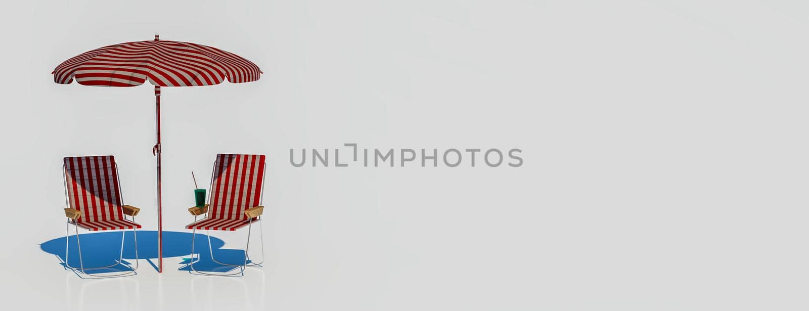 Summer vacation concept. Beach umbrella, chairs and cocktail on white background with copyspace. 3d rendering by kwarkot