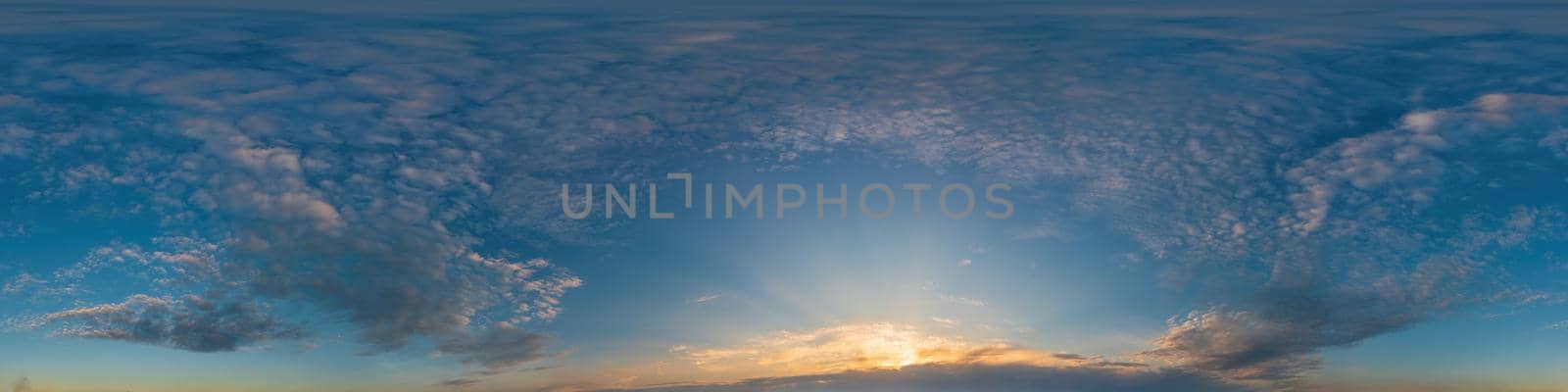 Sky panorama with Cirrus clouds in Seamless spherical equirectangular format. Full zenith for use in 3D graphics, game and editing aerial drone 360 degree panoramas for sky replacement