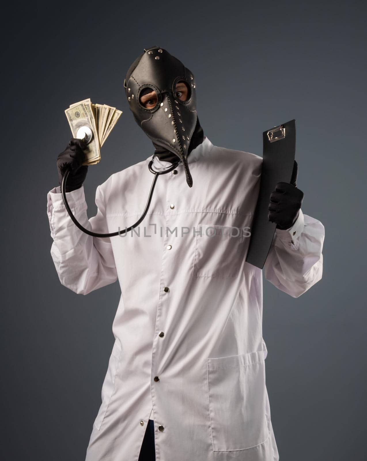 a corrupt doctor in a bathrobe and a plague doctor mask with a wad of money in his hands by Rotozey