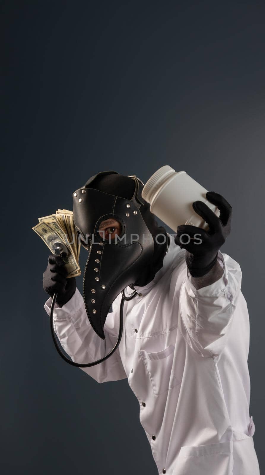 a corrupt doctor in a bathrobe and a plague doctor mask with a wad of money in his hands by Rotozey